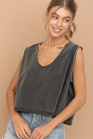 Mineral Washed Crop Rhinestone Cross Front French Terry Muscle Tank