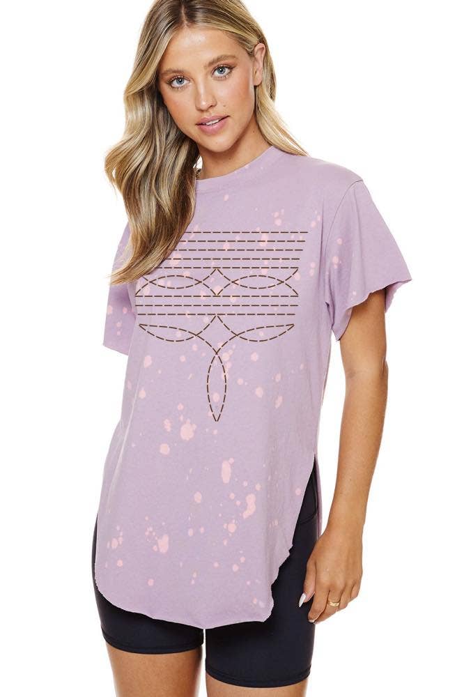 Western Cowboy Boots Toe Stitch Graphic Bleached Top: COPPER / M
