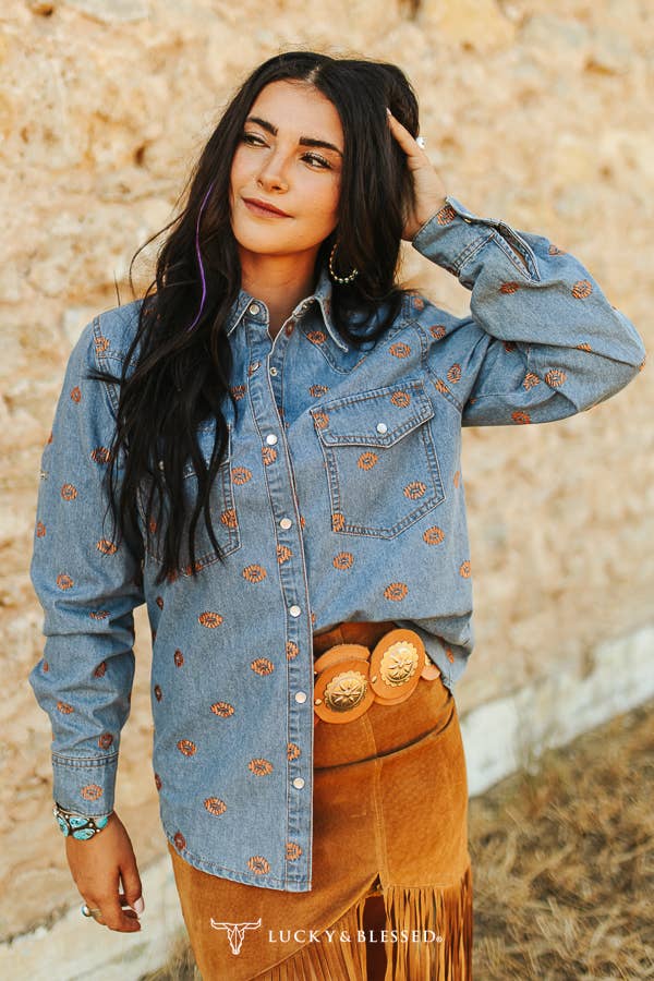 Denim Pearl Snap Button Down Aztec Embroidery Detail Top: M