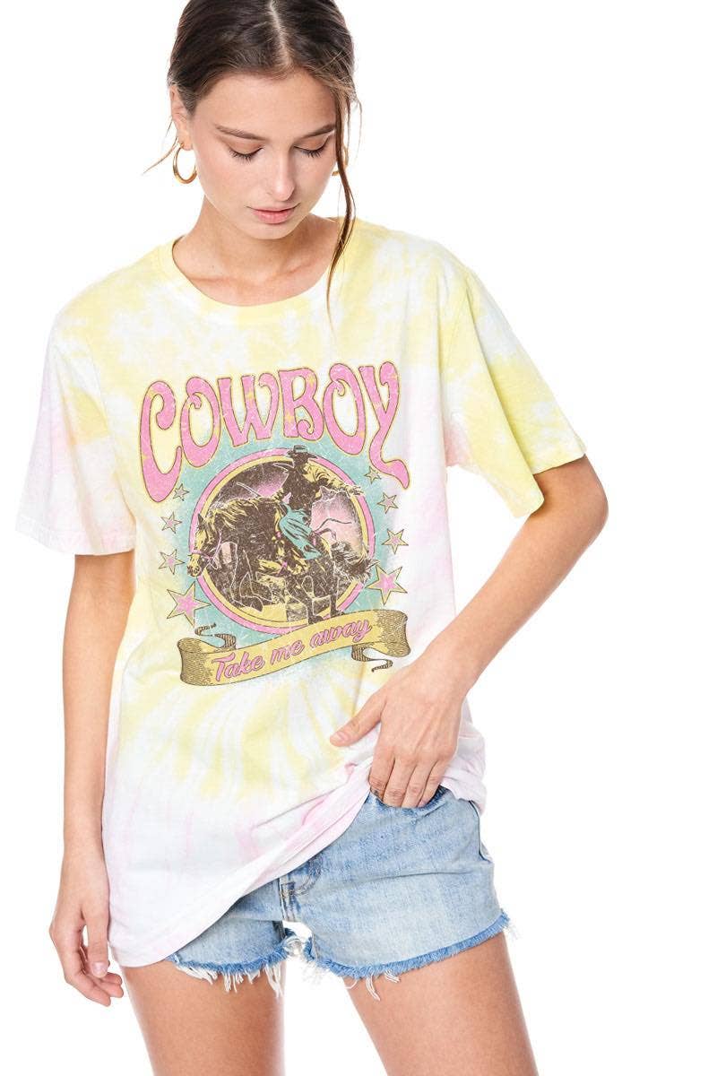Cowboy Take Me Away Graphic Tie Dye Top: GREEN/BLUE / L