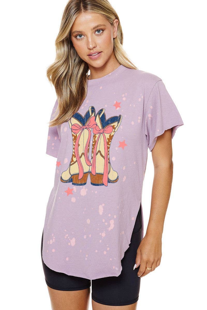 PUFF' Bow Cowboy Boots Graphic Bleached Top: INK / L