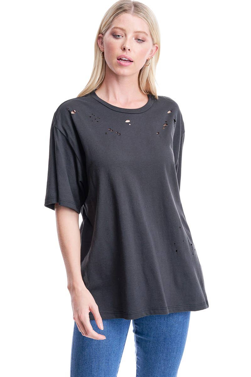 DISTRESSED S/S BOX FIT TEE: LT KHAKI / M