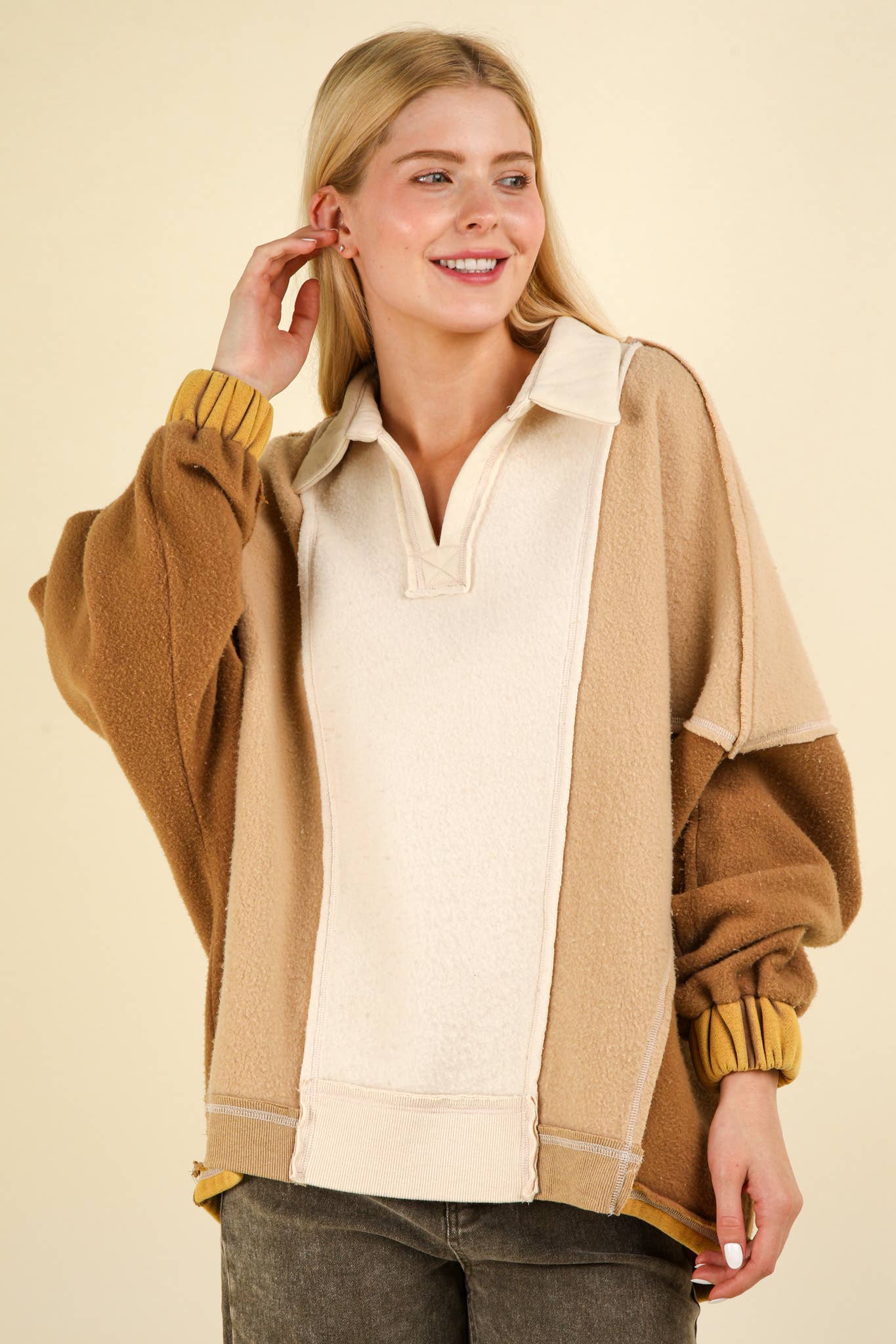 NT11903-Color Block Frenchy Terry Oversized Knit Top: TAUPE / SM-ML/3-3