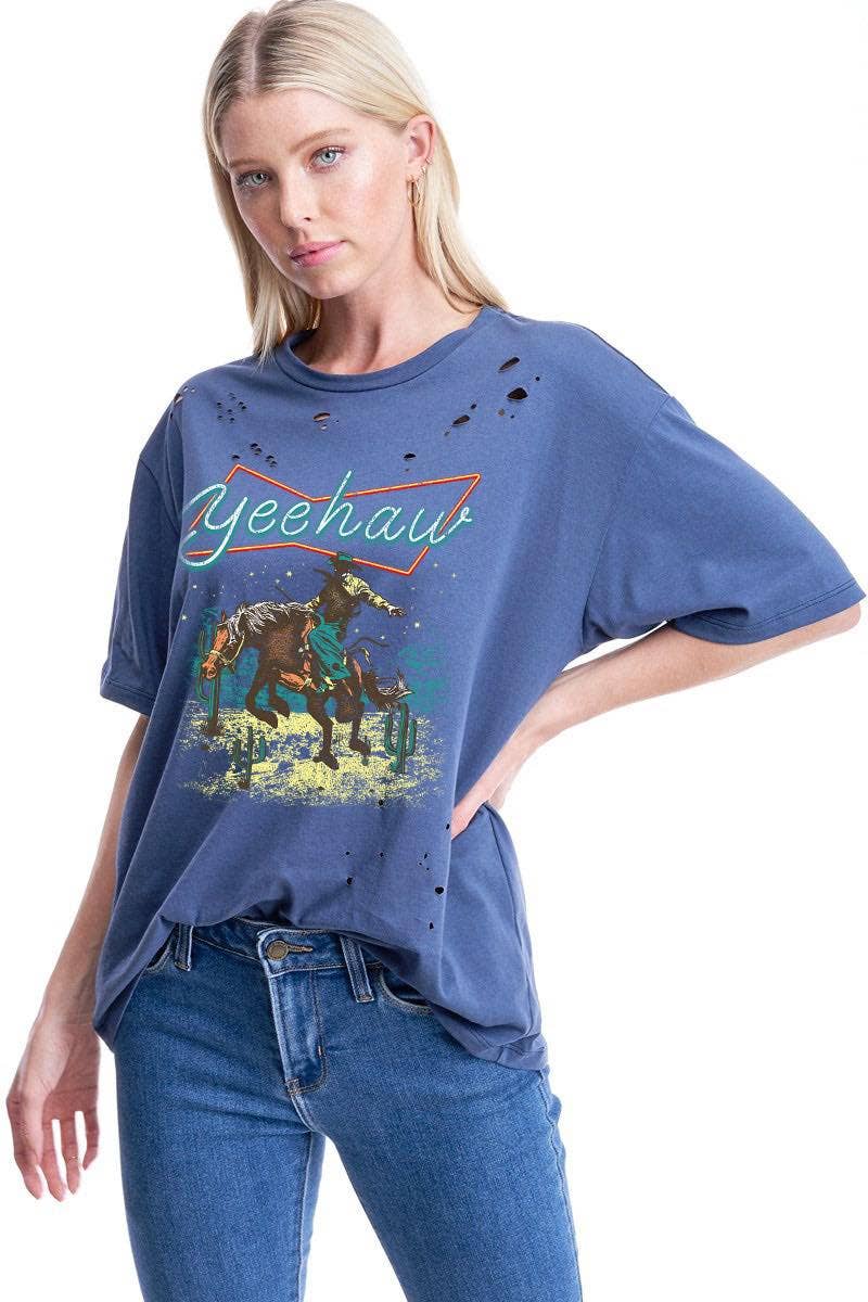 Yee Haw Cowboy Vintage Graphic S/S Distressed Tee: NEON / L