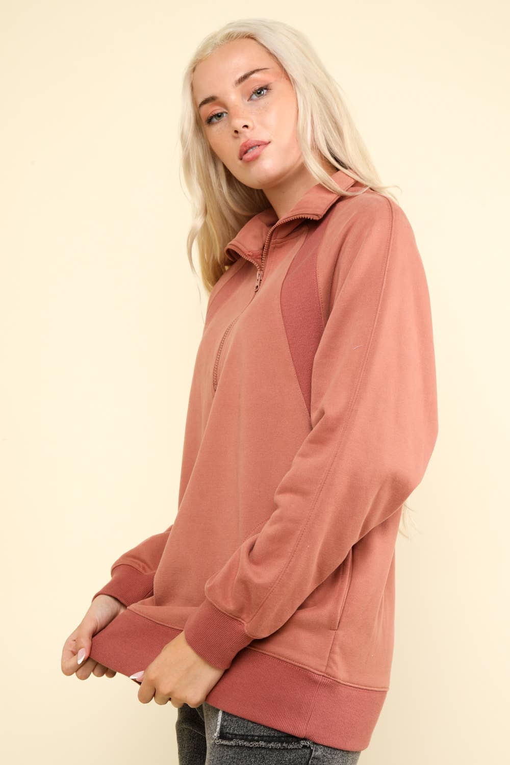 NT11849-Oversized Sweatshirt Henley Knit Top: MAUVE / S-M-L/2-2-2