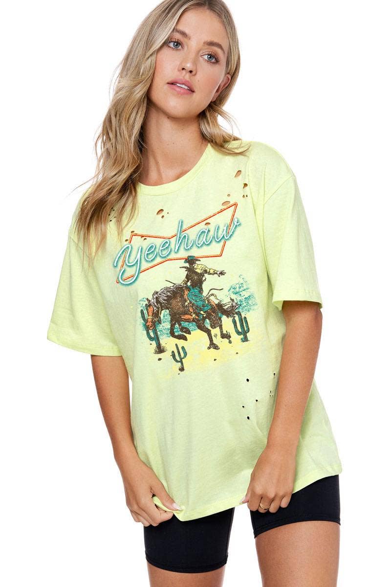 Yee Haw Cowboy Vintage Graphic S/S Distressed Tee: NEON / M