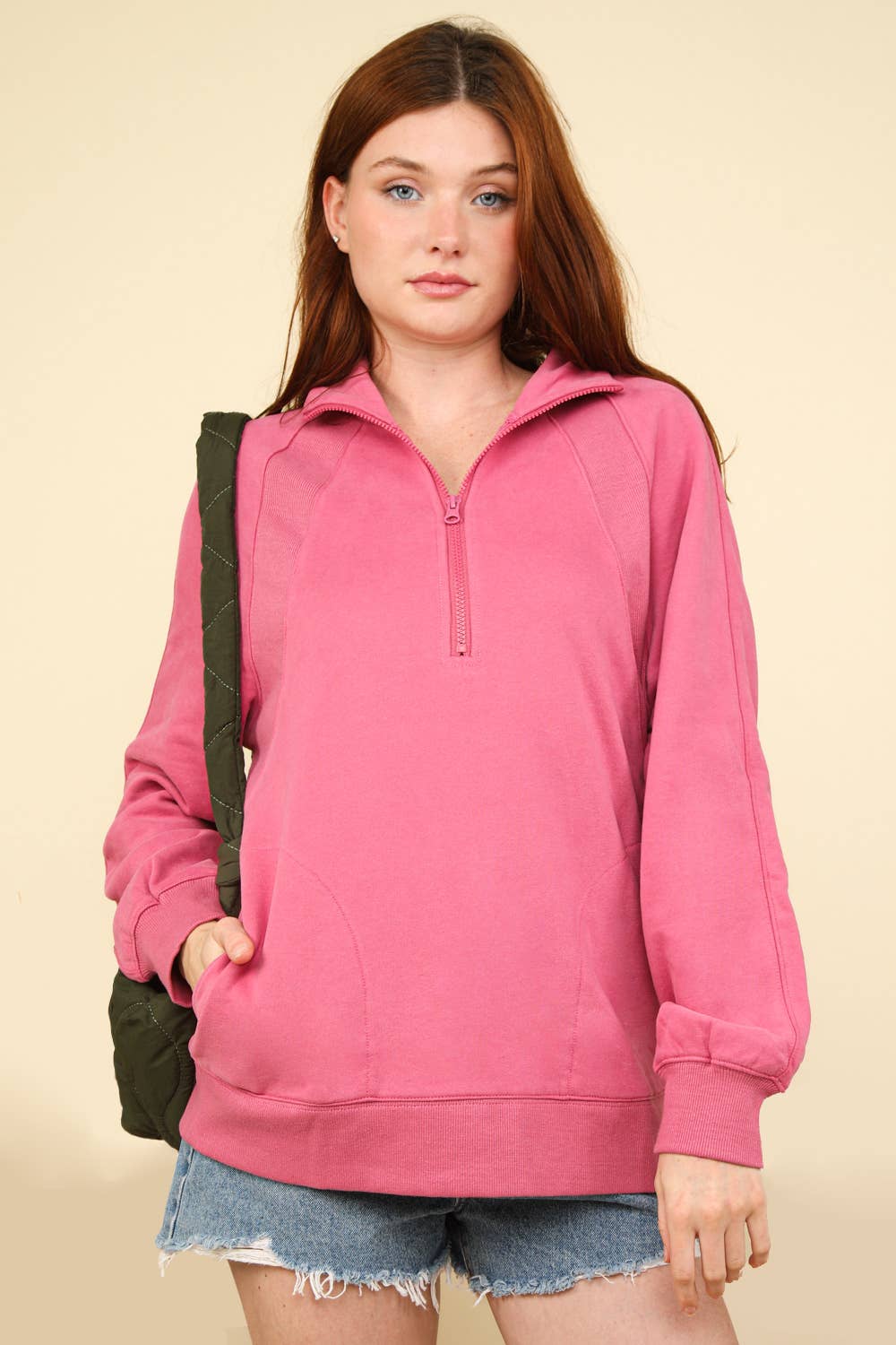 NT11849-Oversized Sweatshirt Henley Knit Top: MAUVE / S-M-L/2-2-2