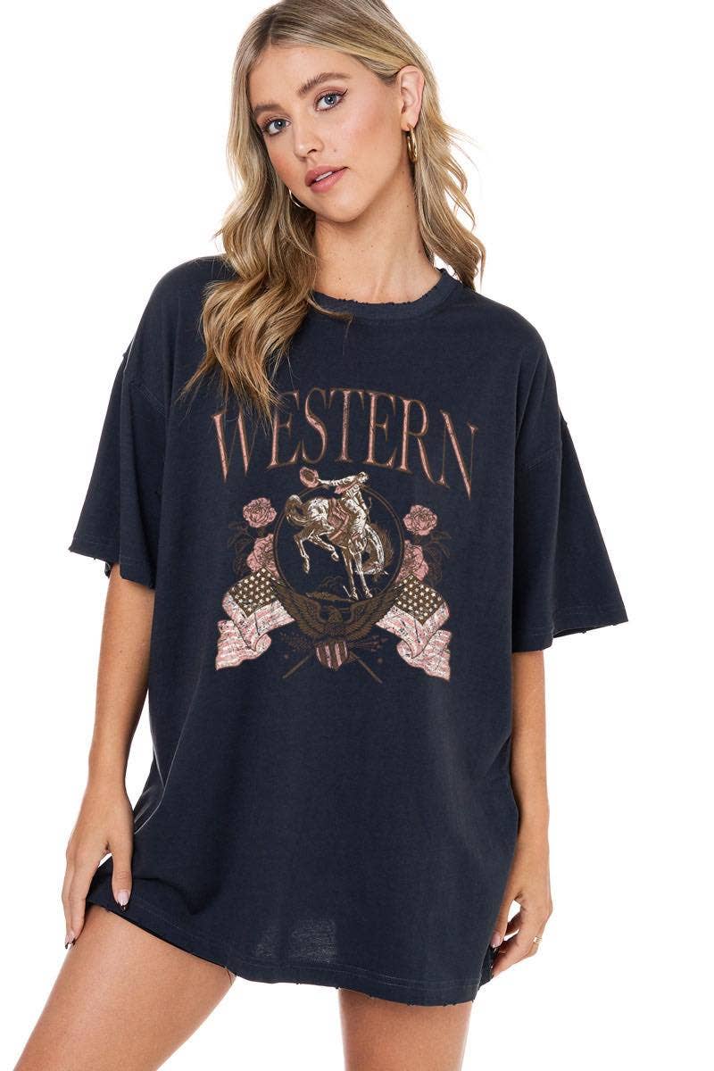 Western Cowboy Oversized Vintage Graphic Top: WHITE / M/L