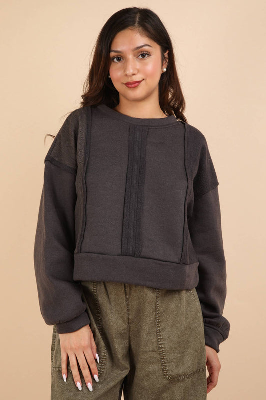 VT15193-Cable Contrast Detail Oversized Knit Crop Top: CHARCOAL / S-M-L/2-2-2
