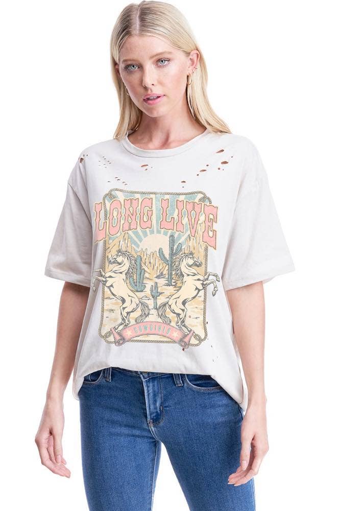 Long Live Cowgirls Vintage Graphic S/S Distressed Tee: LT KHAKI / S