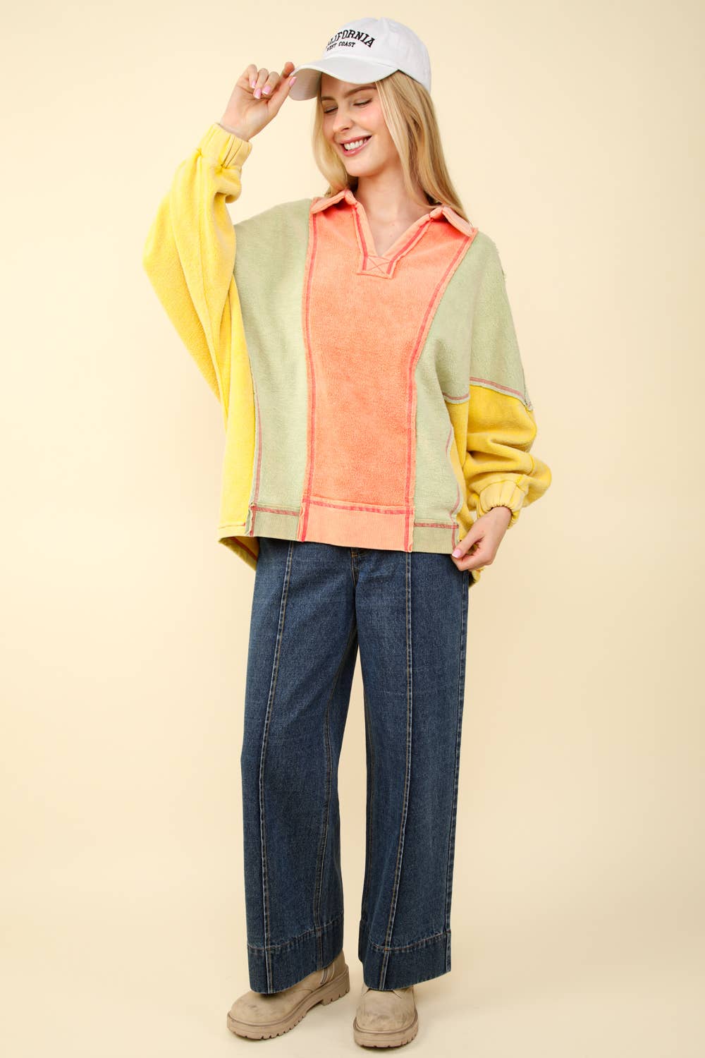 NT11903-Color Block Frenchy Terry Oversized Knit Top: TAUPE / SM-ML/3-3