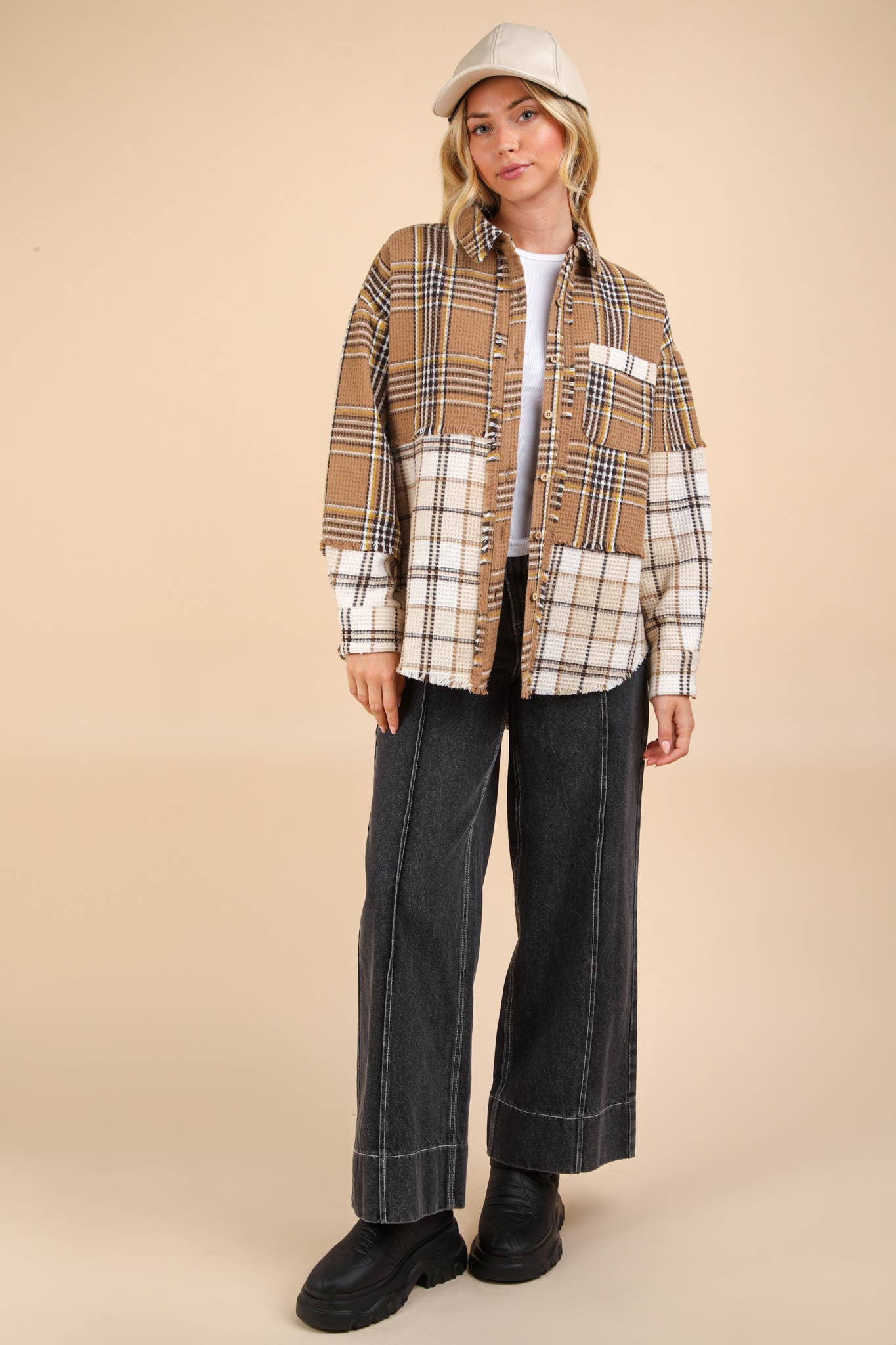 NJ90261-Mixed Plaid Oversized Casual Shacket Jacket: MOCHA / S-M-L/2-2-2