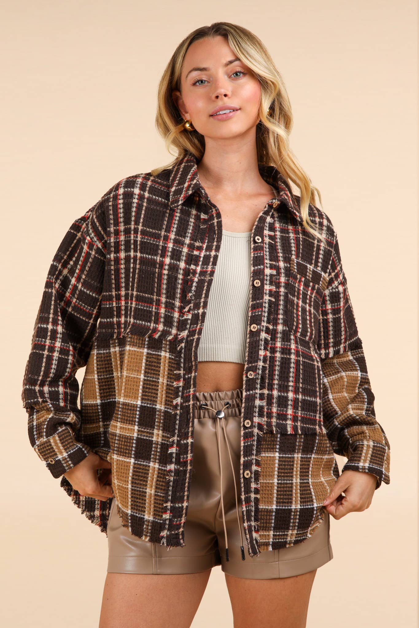 NJ90261-Mixed Plaid Oversized Casual Shacket Jacket: MOCHA / S-M-L/2-2-2