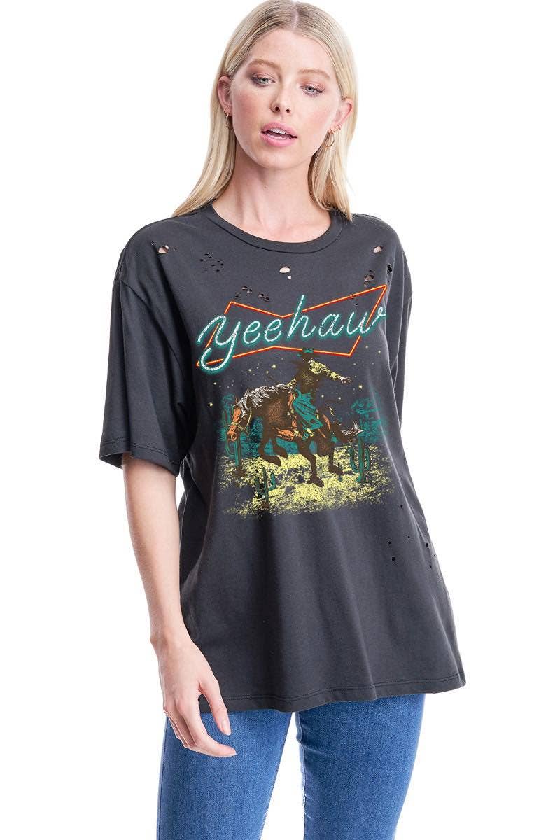 Yee Haw Cowboy Vintage Graphic S/S Distressed Tee: NEON / L
