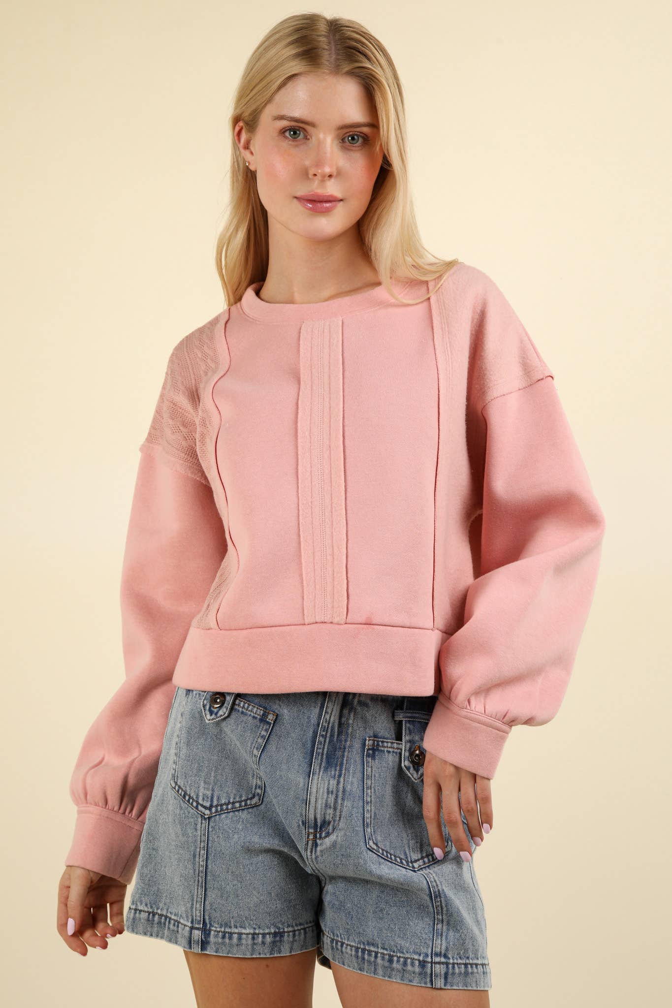 VT15193-Cable Contrast Detail Oversized Knit Crop Top: CHARCOAL / S-M-L/2-2-2