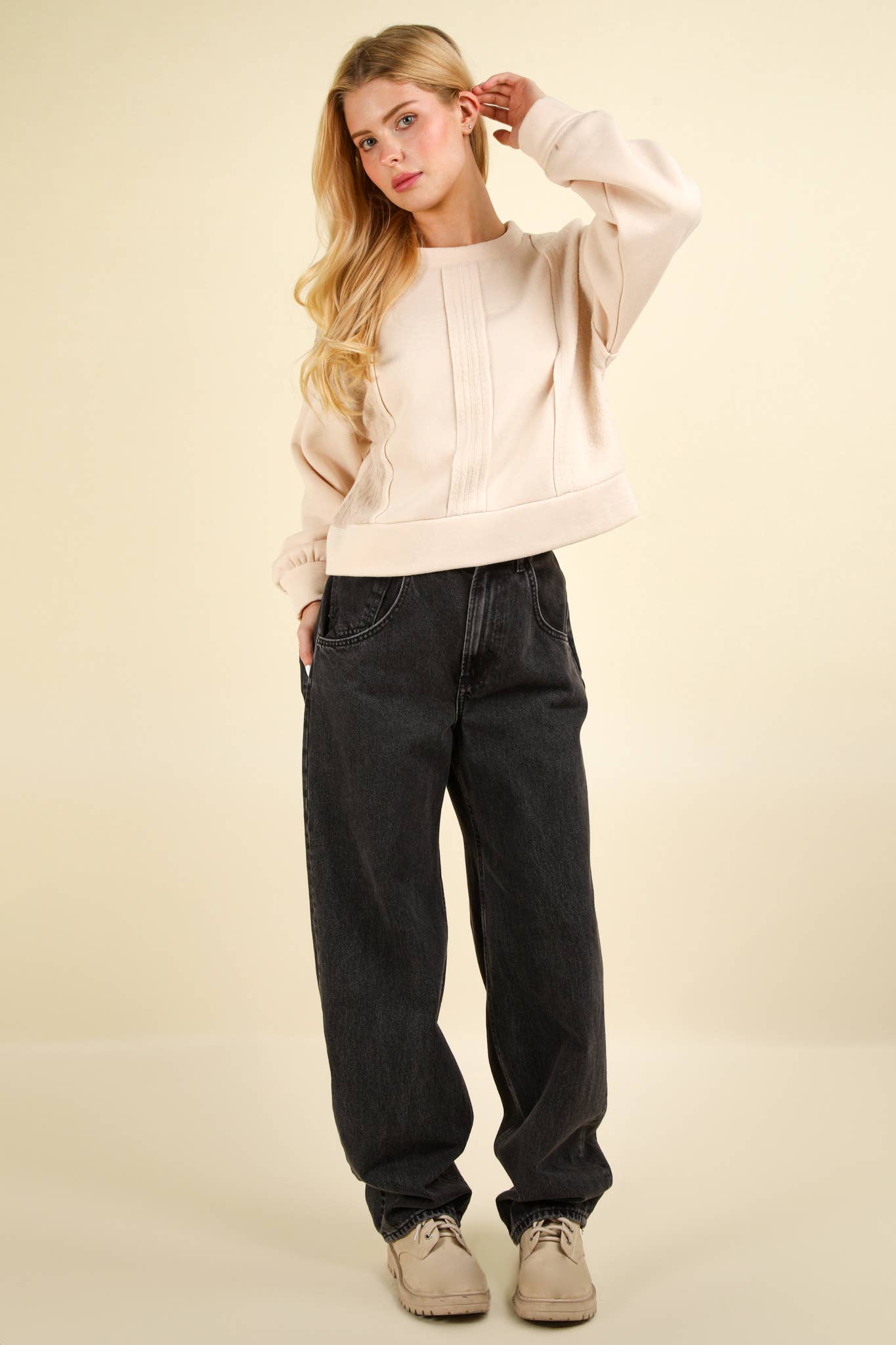 VT15193-Cable Contrast Detail Oversized Knit Crop Top: CHARCOAL / S-M-L/2-2-2
