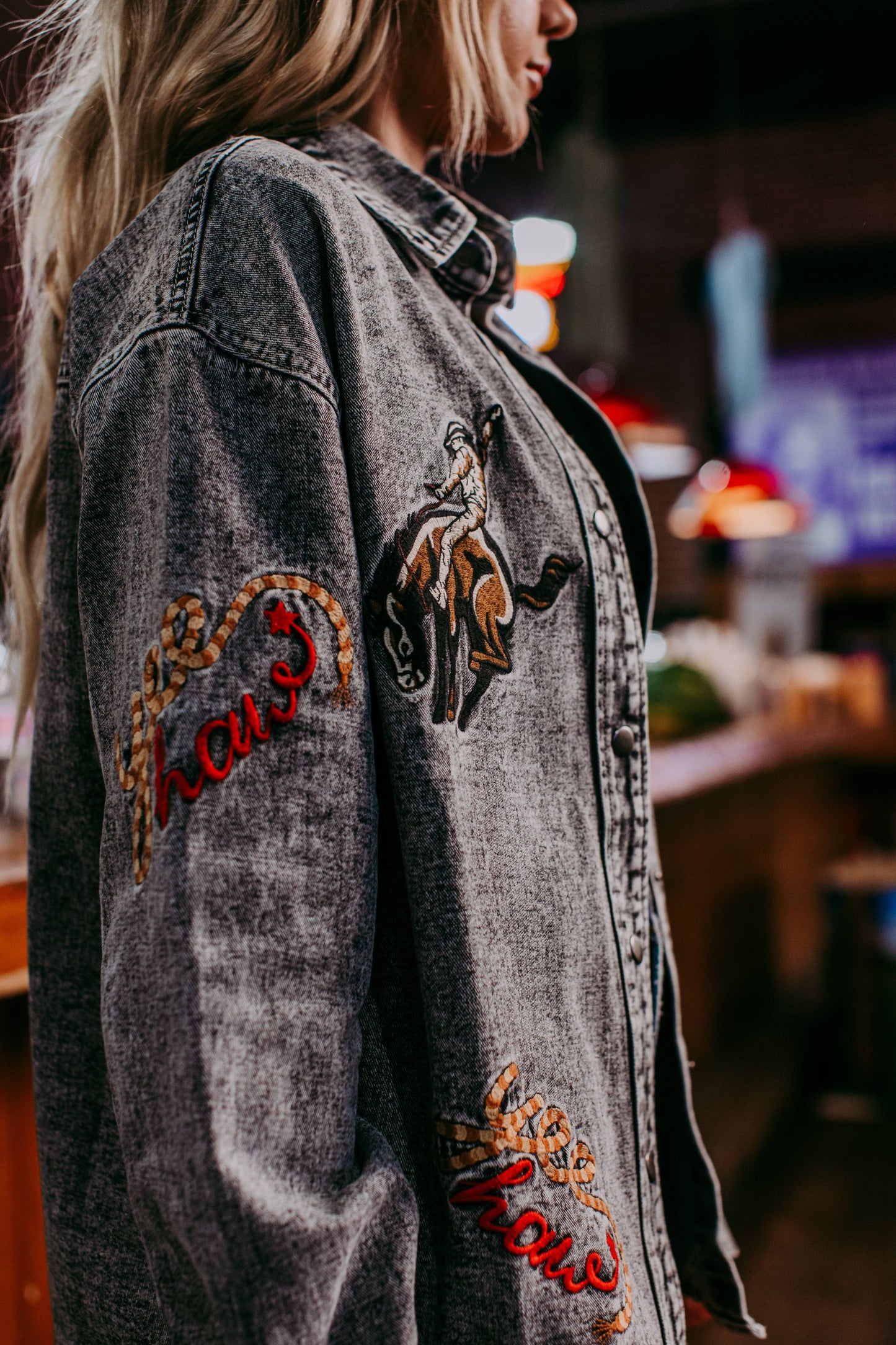MK671J Wild West Embroidery Denim Shacket: Charcoal / S