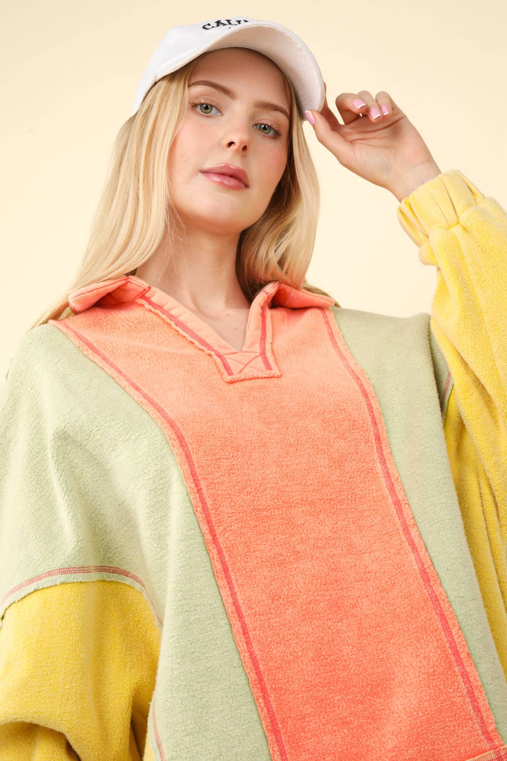 NT11903-Color Block Frenchy Terry Oversized Knit Top: TAUPE / SM-ML/3-3