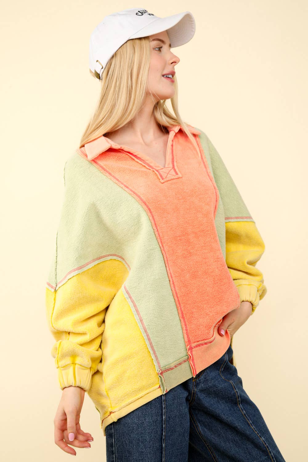 NT11903-Color Block Frenchy Terry Oversized Knit Top: TAUPE / SM-ML/3-3
