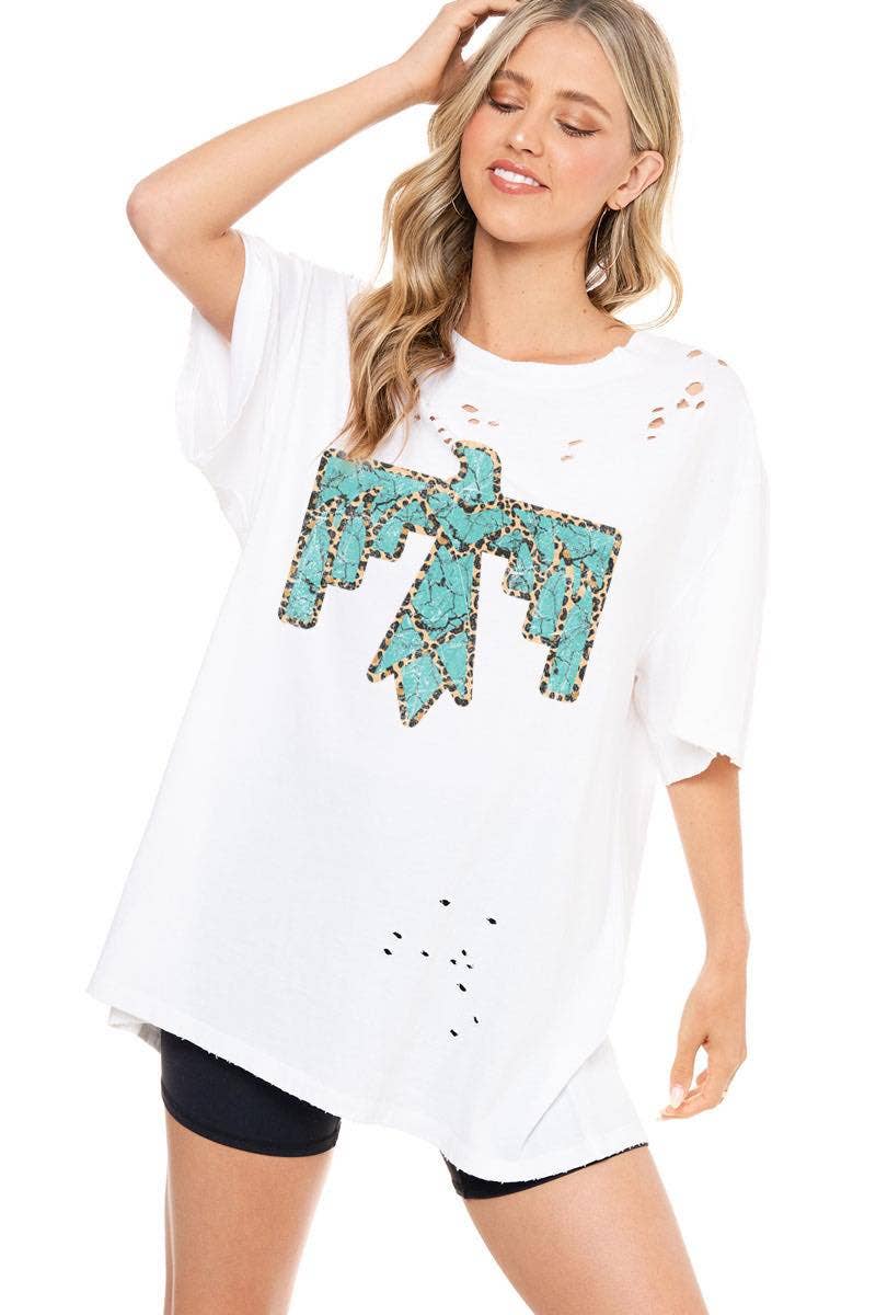 Turquoise Thunderbird Leopard Graphic Top: WHITE / M/L
