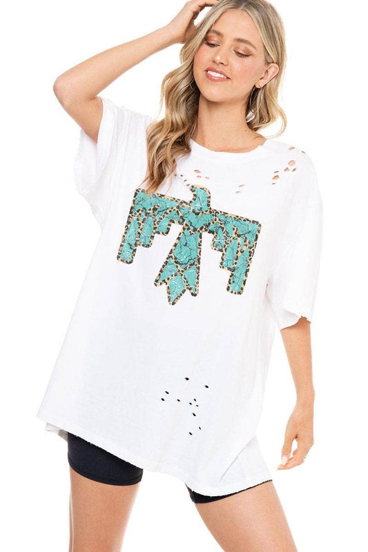 Turquoise Thunderbird Leopard Graphic Top: WHITE / M/L