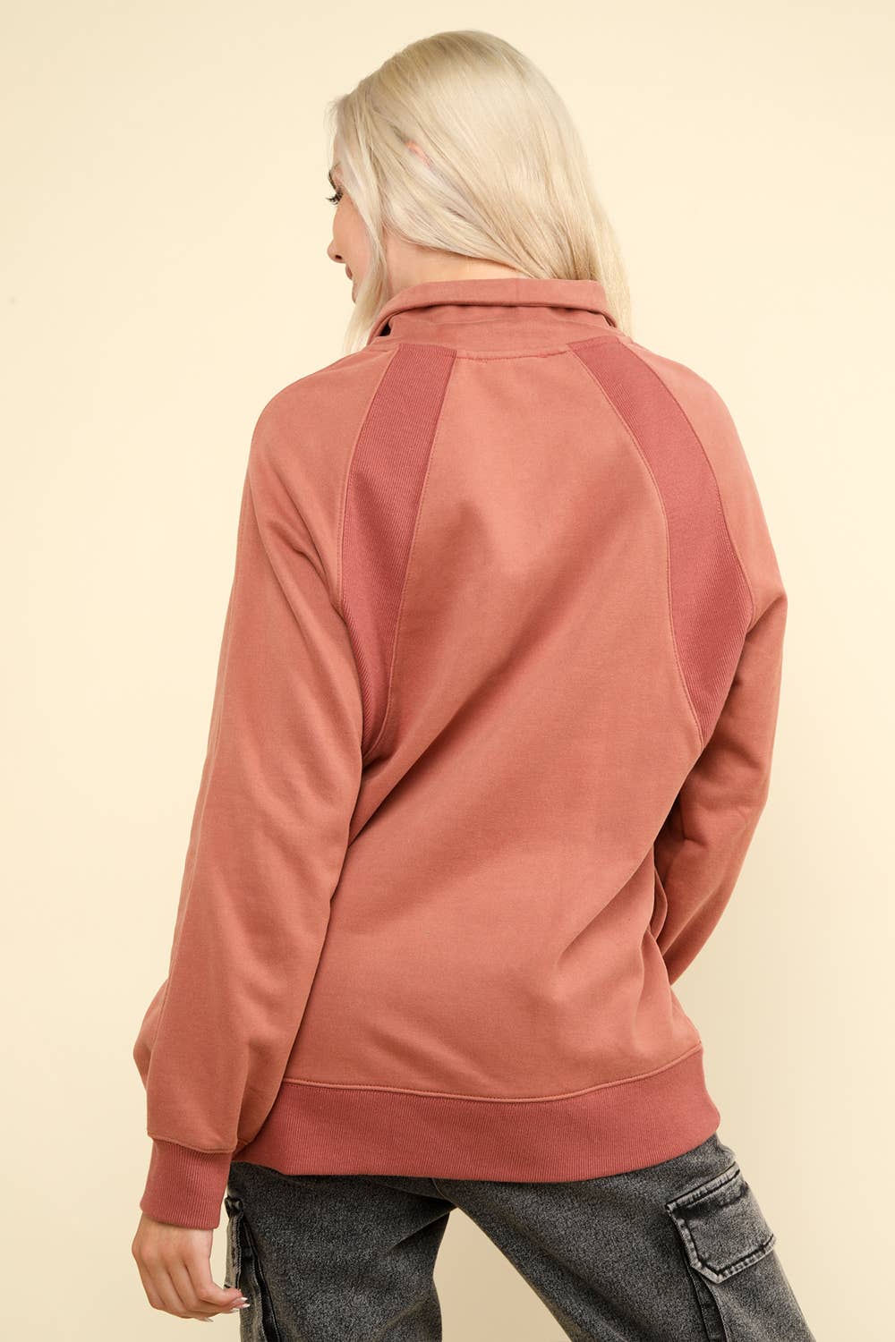 NT11849-Oversized Sweatshirt Henley Knit Top: MAUVE / S-M-L/2-2-2