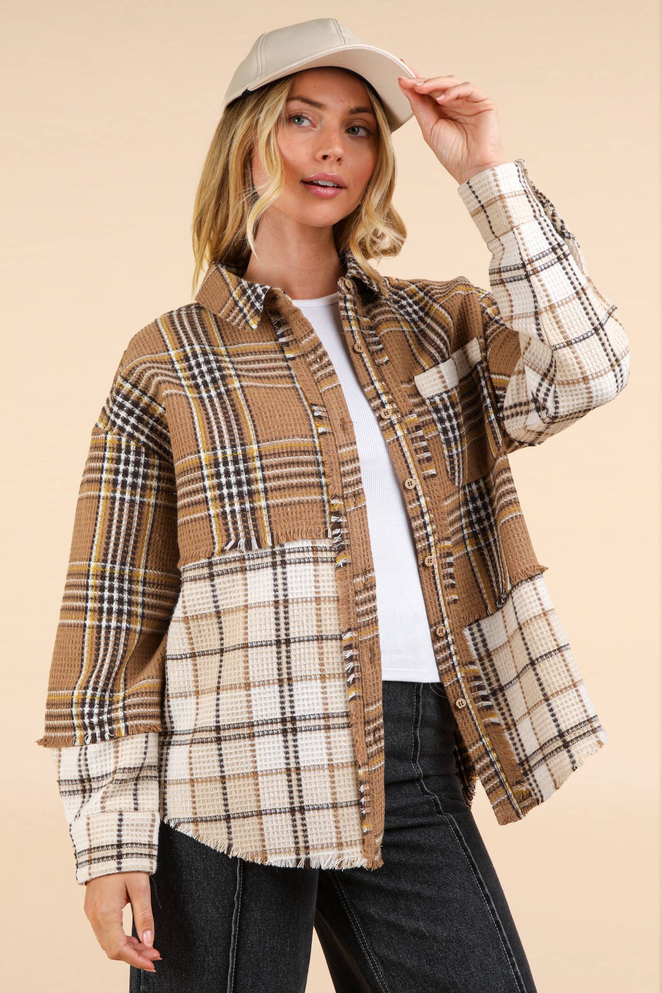 NJ90261-Mixed Plaid Oversized Casual Shacket Jacket: MOCHA / S-M-L/2-2-2