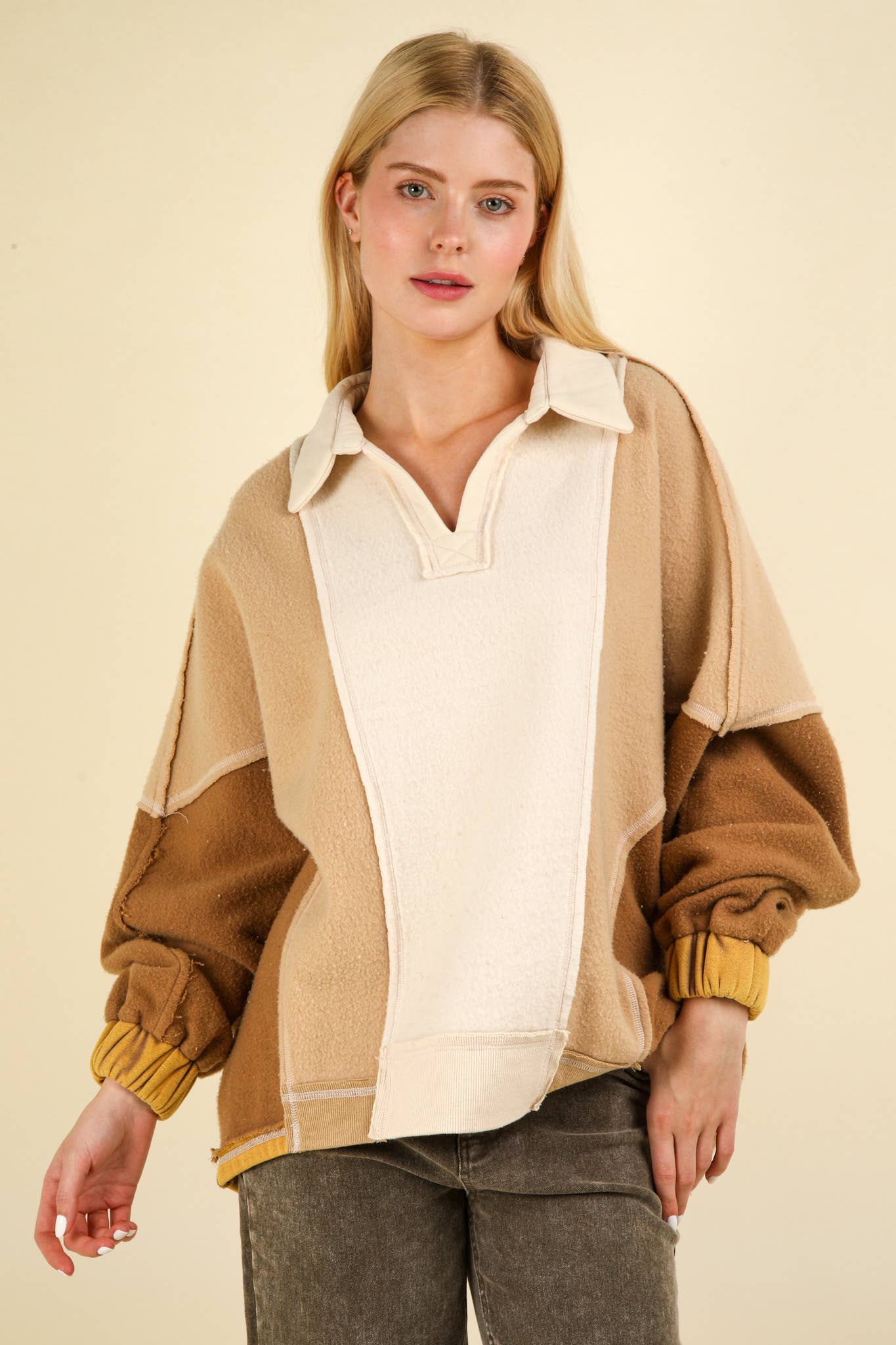 NT11903-Color Block Frenchy Terry Oversized Knit Top: TAUPE / SM-ML/3-3
