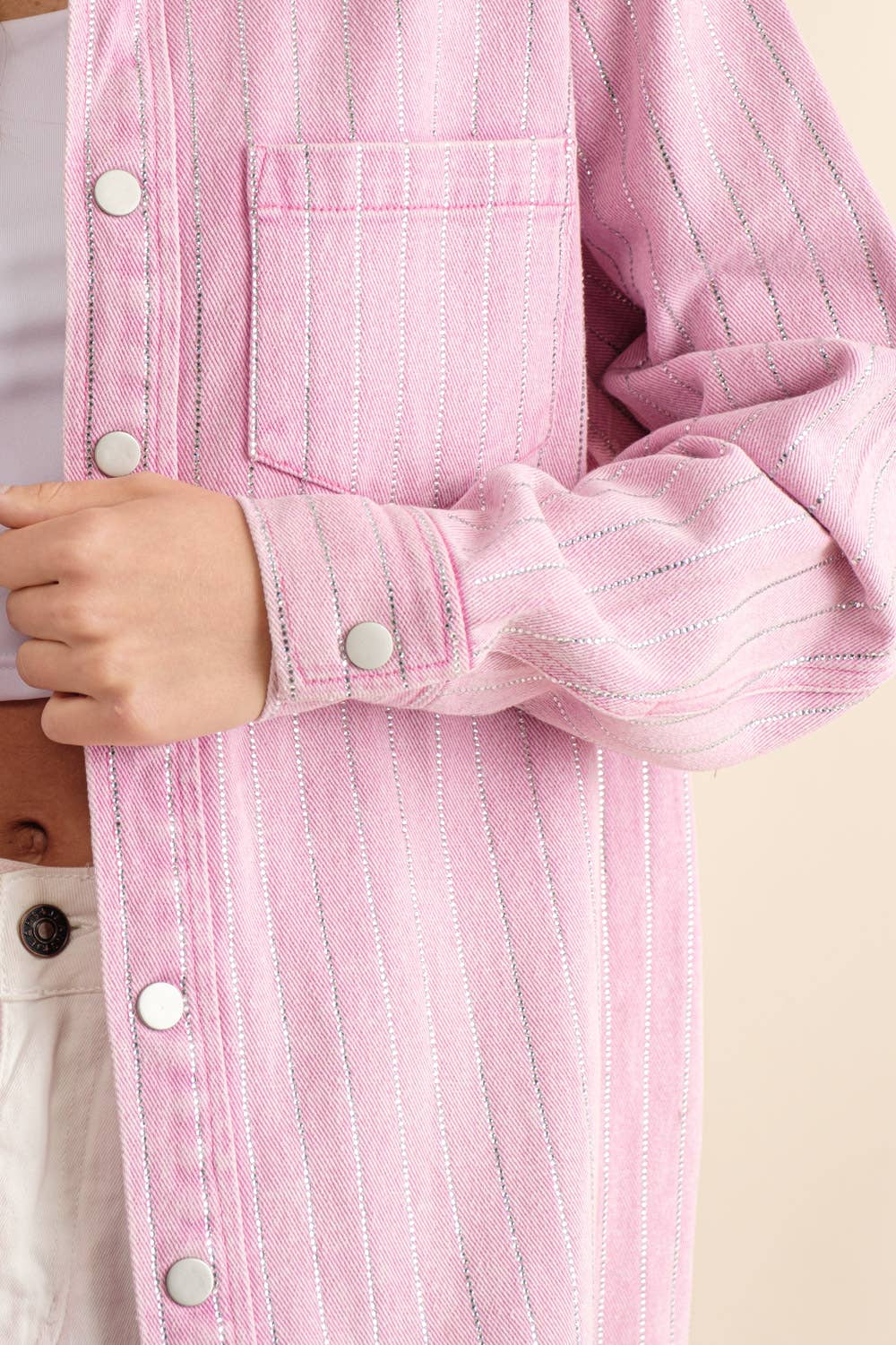 22262J - High Luxury Embellished Sparkle Stone Stripe Jacket: SM / PINK