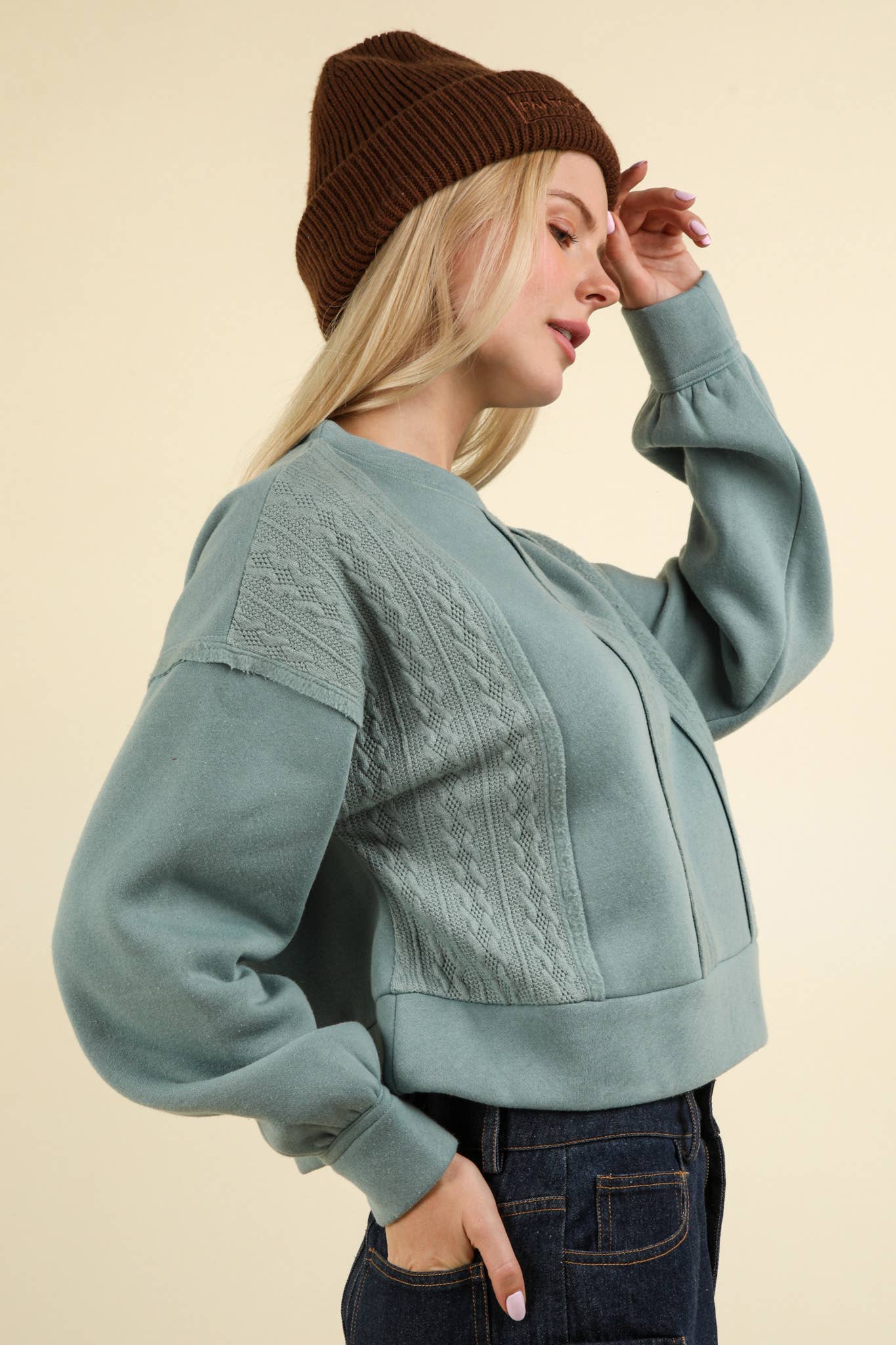 VT15193-Cable Contrast Detail Oversized Knit Crop Top: CHARCOAL / S-M-L/2-2-2