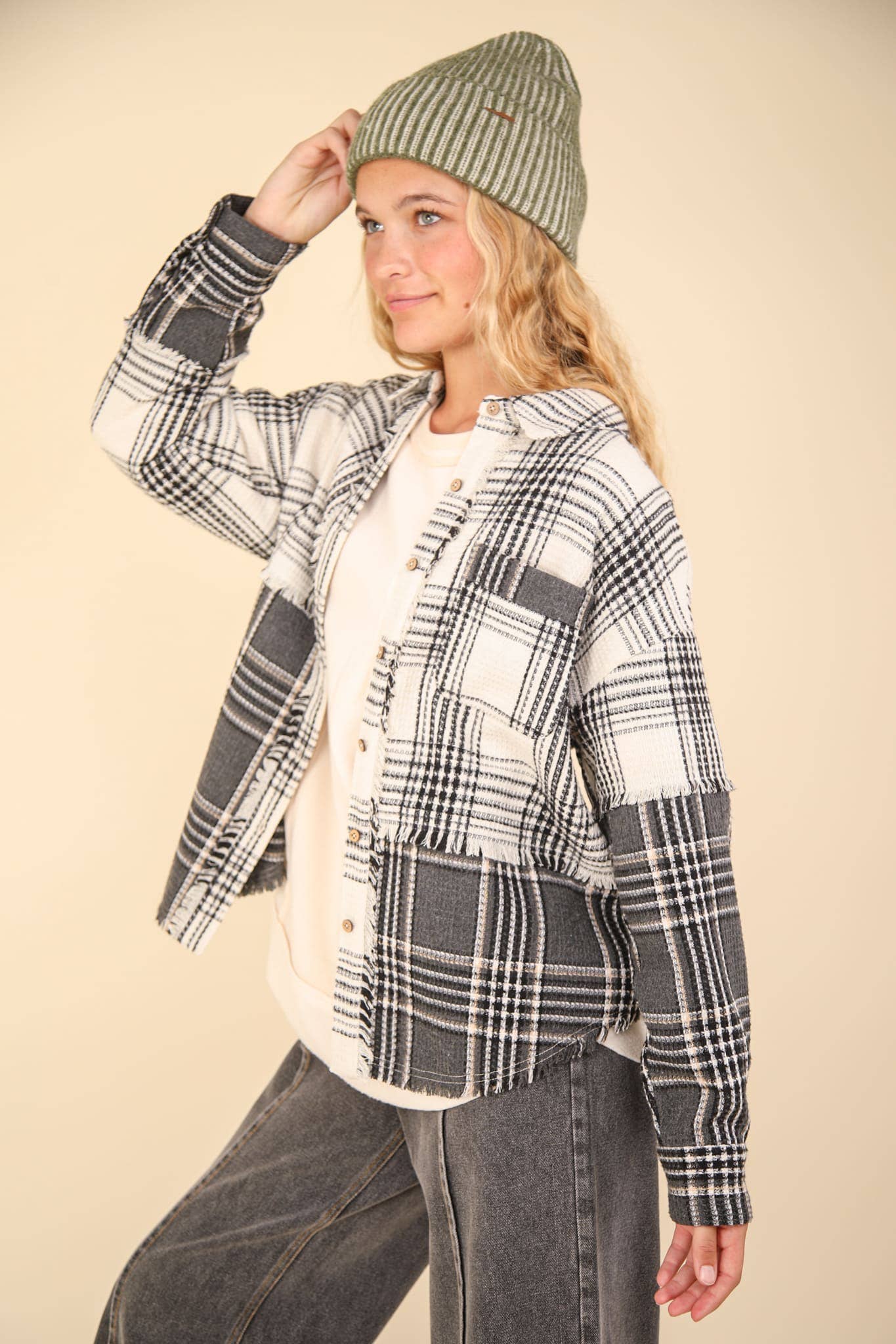NJ90261-Mixed Plaid Oversized Casual Shacket Jacket: MOCHA / S-M-L/2-2-2