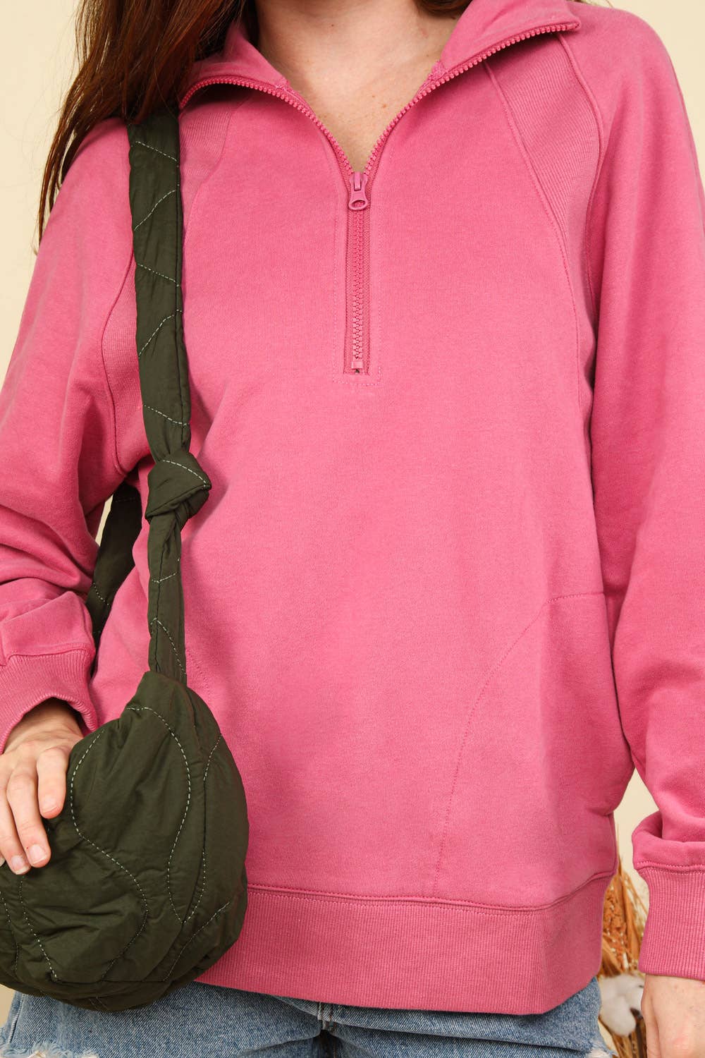 NT11849-Oversized Sweatshirt Henley Knit Top: MAUVE / S-M-L/2-2-2