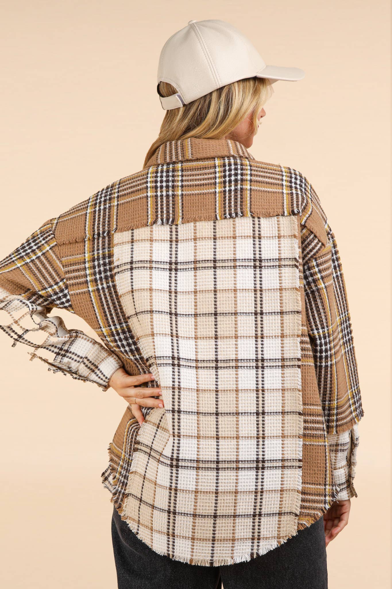 NJ90261-Mixed Plaid Oversized Casual Shacket Jacket: MOCHA / S-M-L/2-2-2