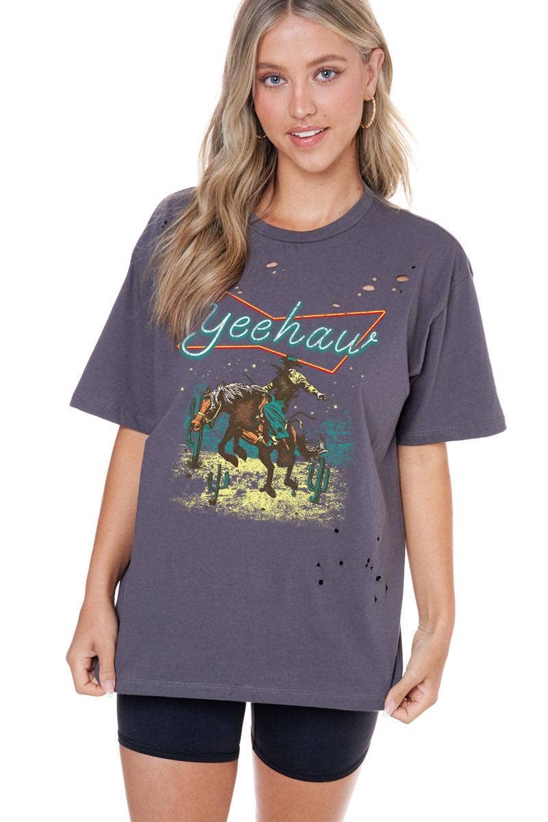Yee Haw Cowboy Vintage Graphic S/S Distressed Tee: NEON / L