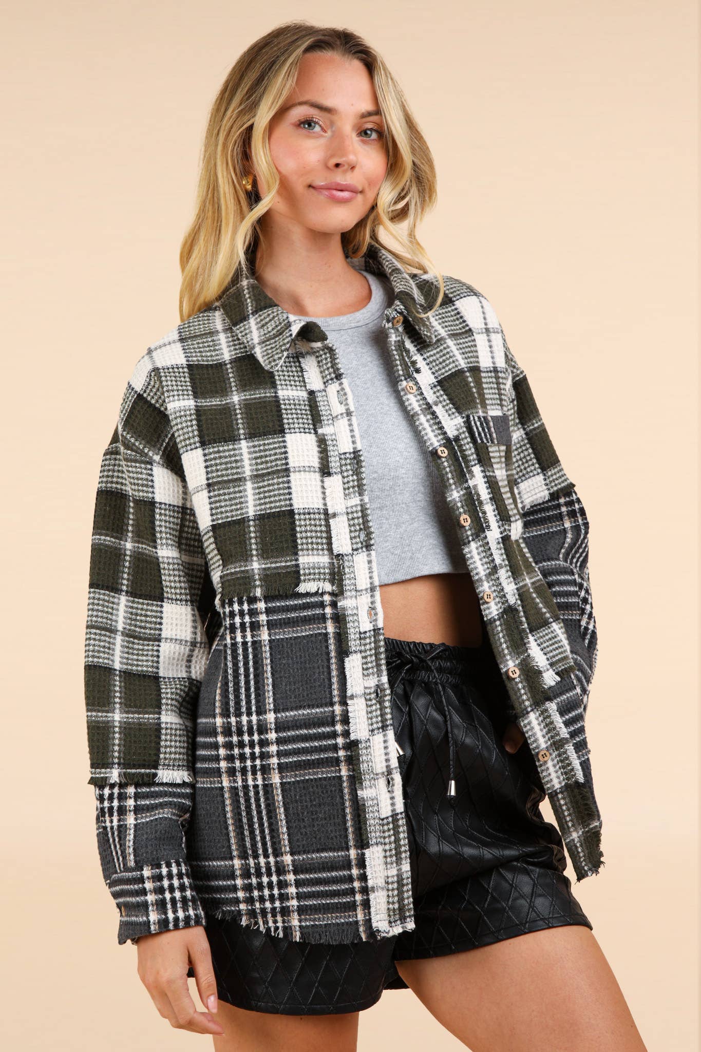 NJ90261-Mixed Plaid Oversized Casual Shacket Jacket: MOCHA / S-M-L/2-2-2