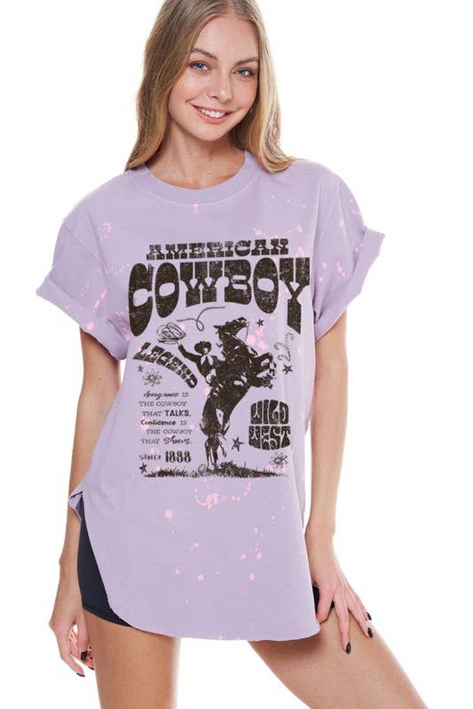 American Cowboy Western Vintage Graphic Bleached Top: LAVENDER / S