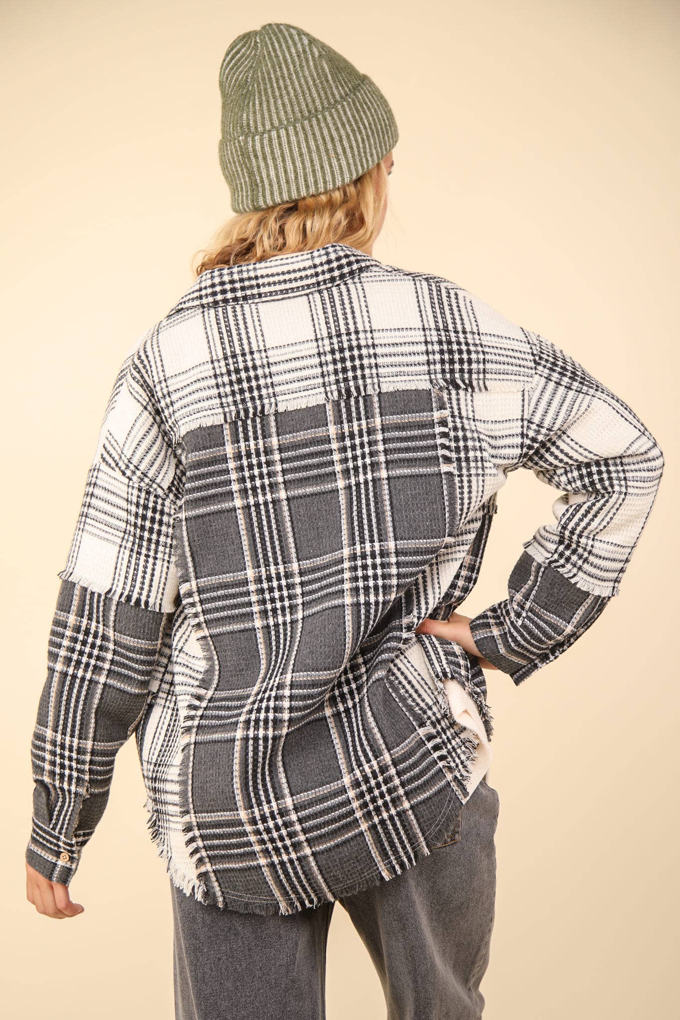 NJ90261-Mixed Plaid Oversized Casual Shacket Jacket: MOCHA / S-M-L/2-2-2