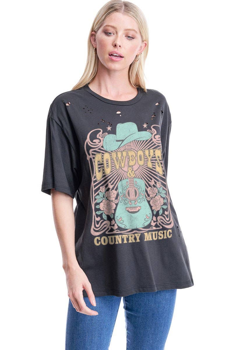 Cowboys & Country Music Graphic S/S Distressed Tee: Neon / S