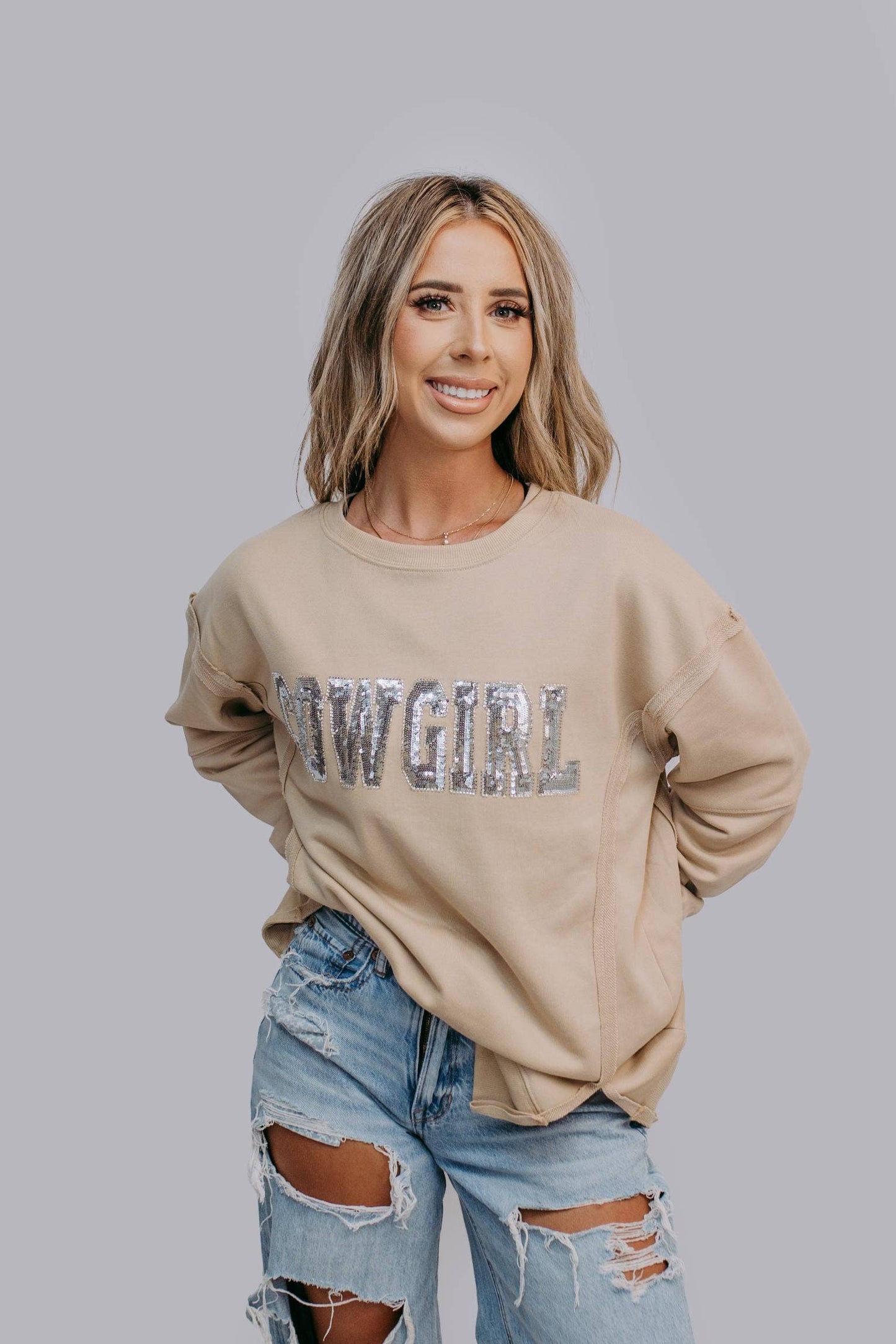 MK481 Cowgirl Sequin and Beaded Sweatshirt: Tan / M