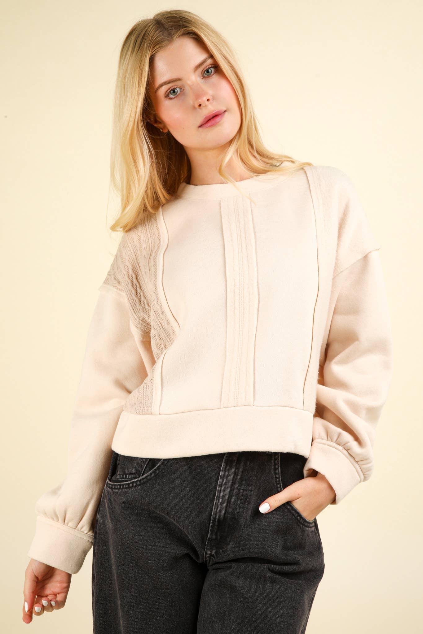 VT15193-Cable Contrast Detail Oversized Knit Crop Top: CHARCOAL / S-M-L/2-2-2