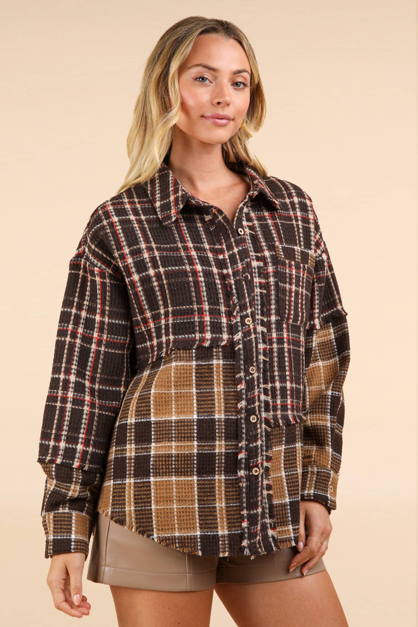 NJ90261-Mixed Plaid Oversized Casual Shacket Jacket: MOCHA / S-M-L/2-2-2