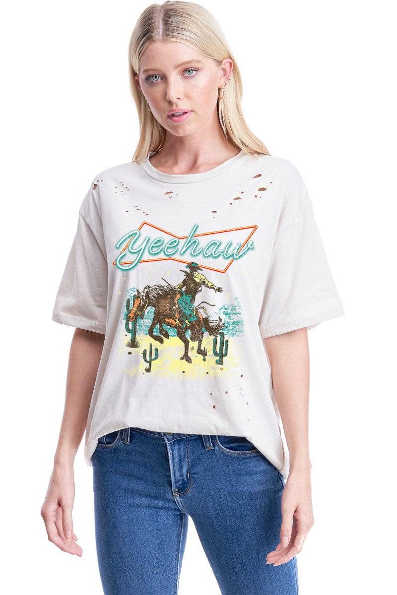 Yee Haw Cowboy Vintage Graphic S/S Distressed Tee: NEON / M