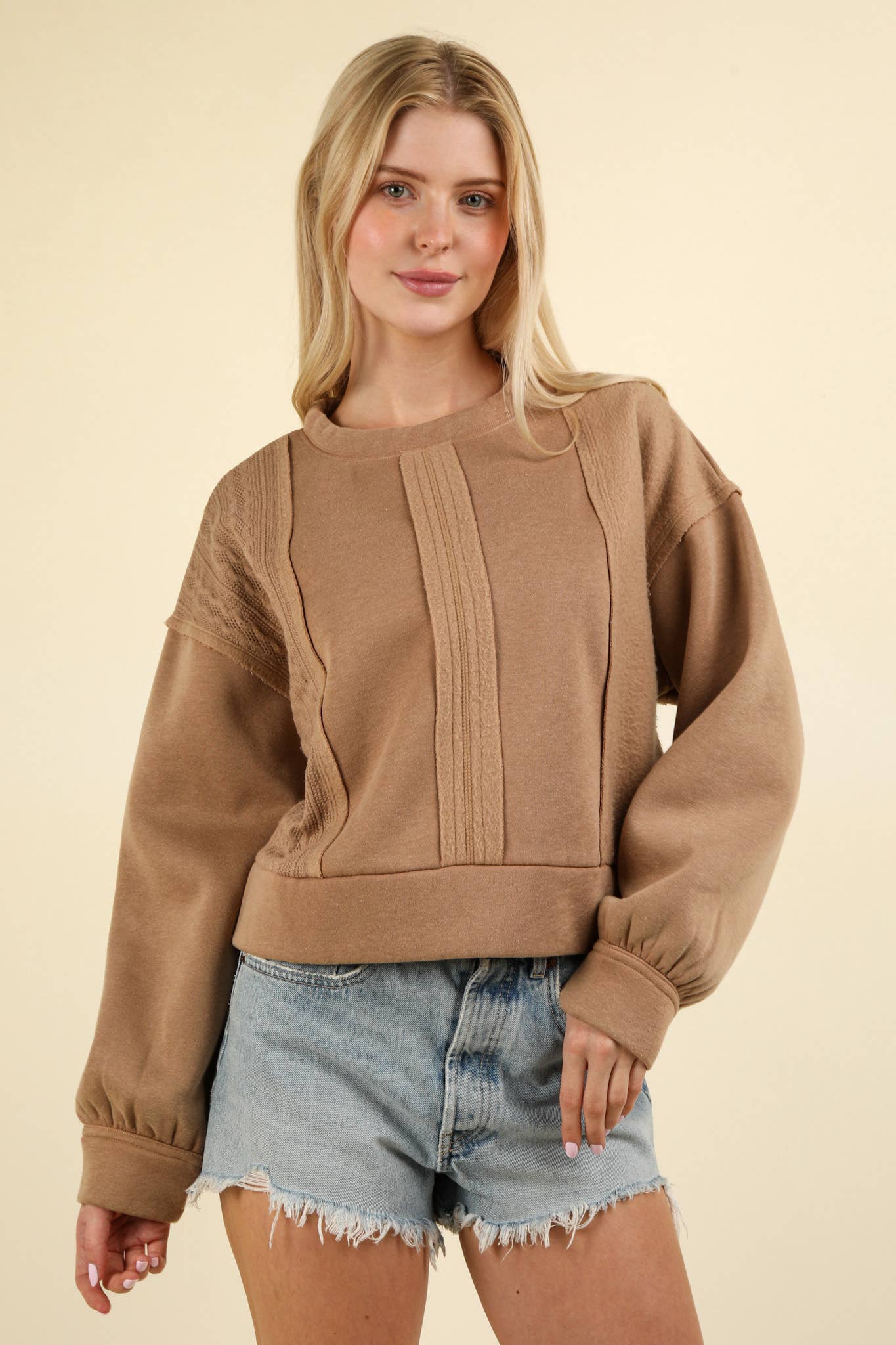 VT15193-Cable Contrast Detail Oversized Knit Crop Top: CHARCOAL / S-M-L/2-2-2