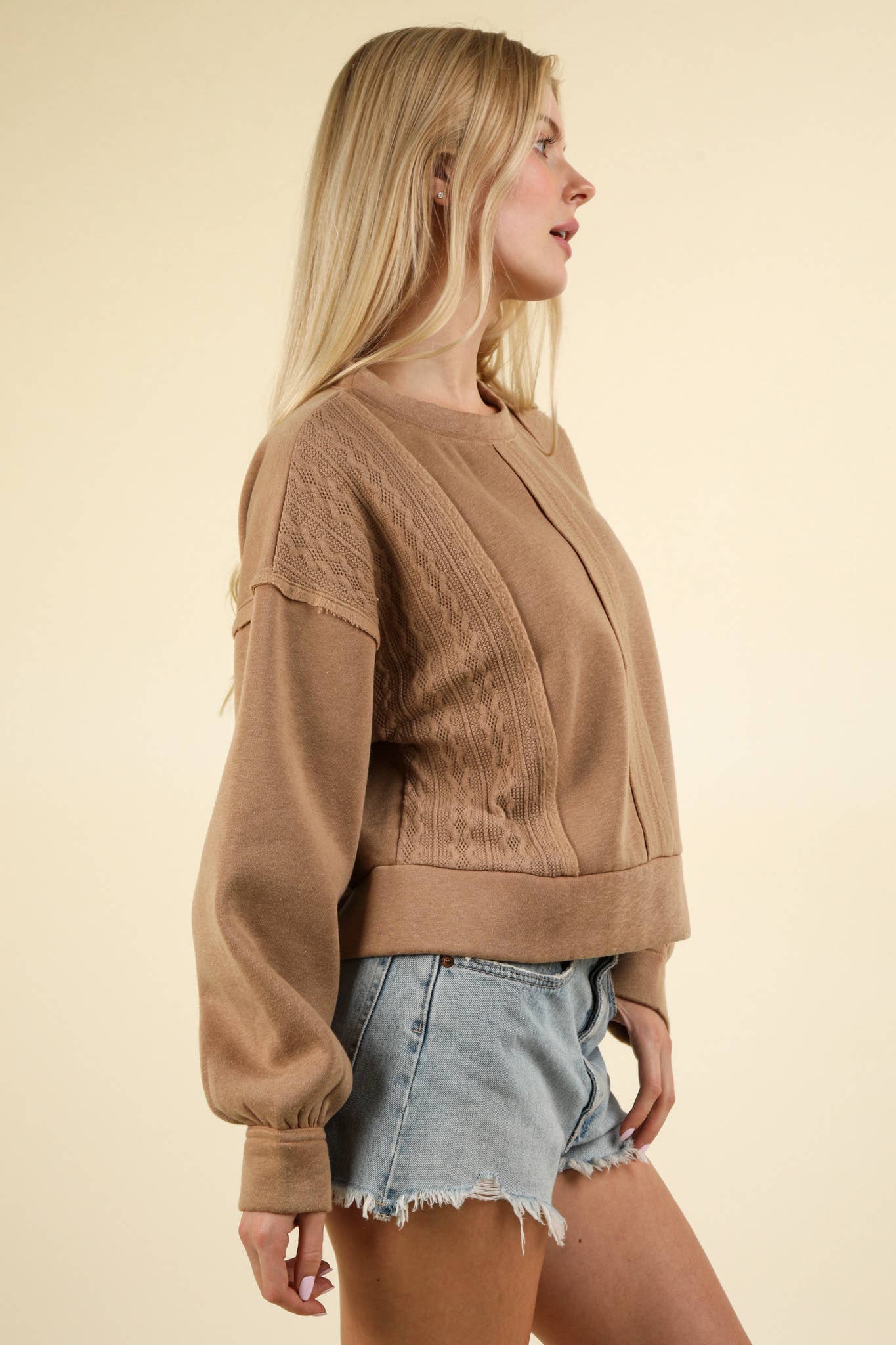 VT15193-Cable Contrast Detail Oversized Knit Crop Top: CHARCOAL / S-M-L/2-2-2