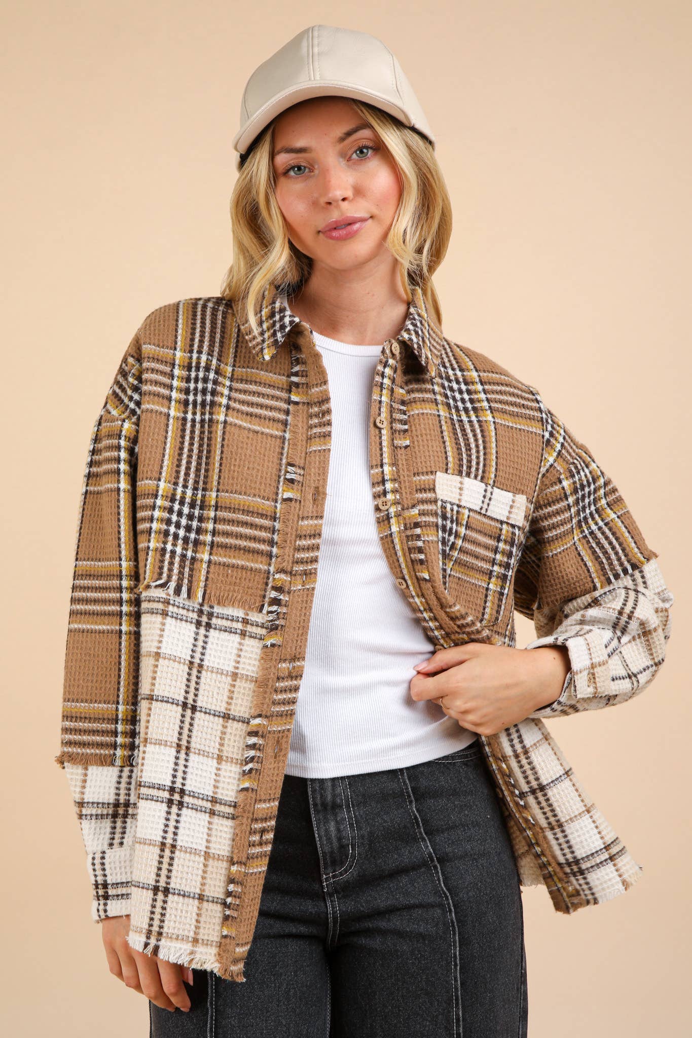 NJ90261-Mixed Plaid Oversized Casual Shacket Jacket: MOCHA / S-M-L/2-2-2