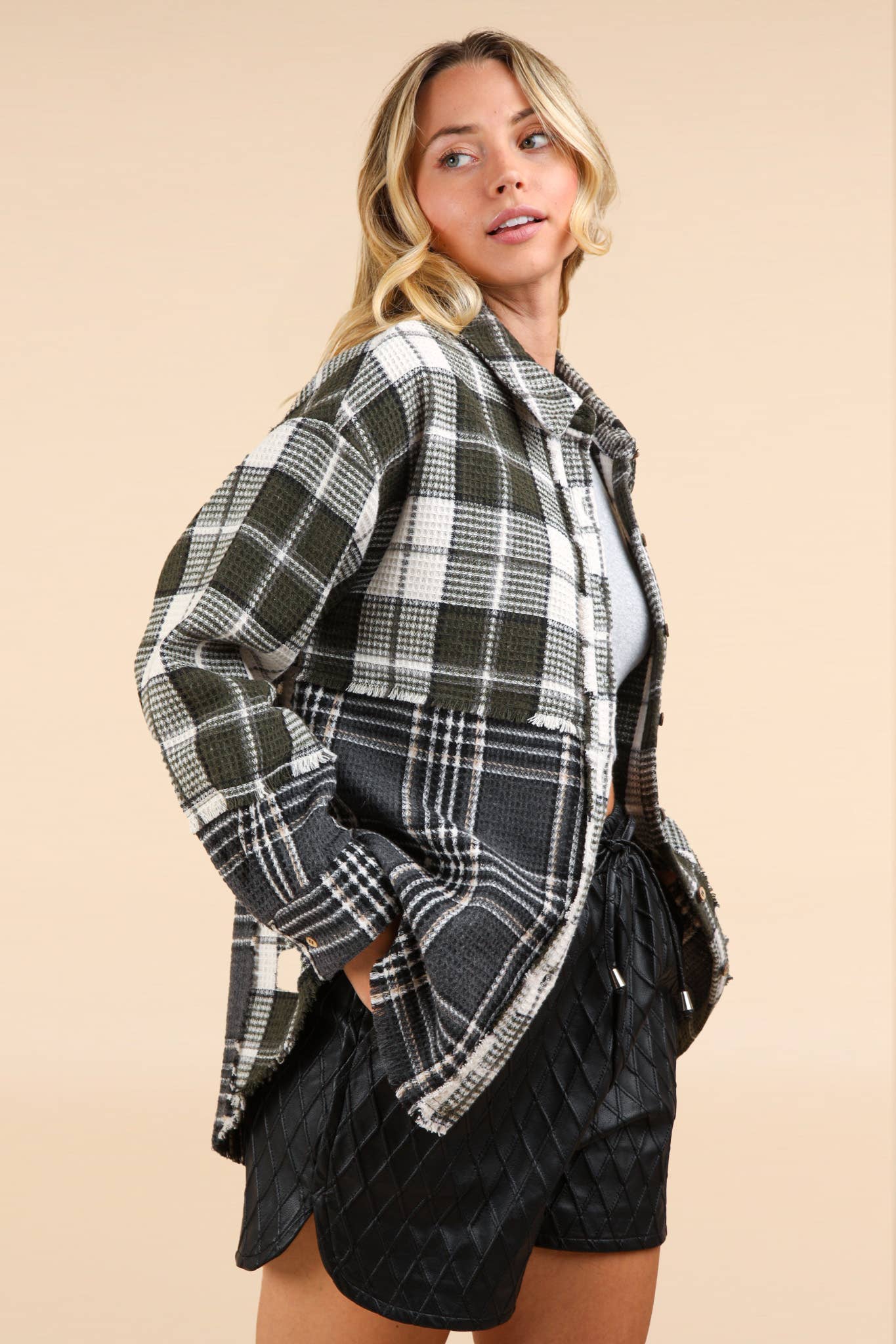 NJ90261-Mixed Plaid Oversized Casual Shacket Jacket: MOCHA / S-M-L/2-2-2