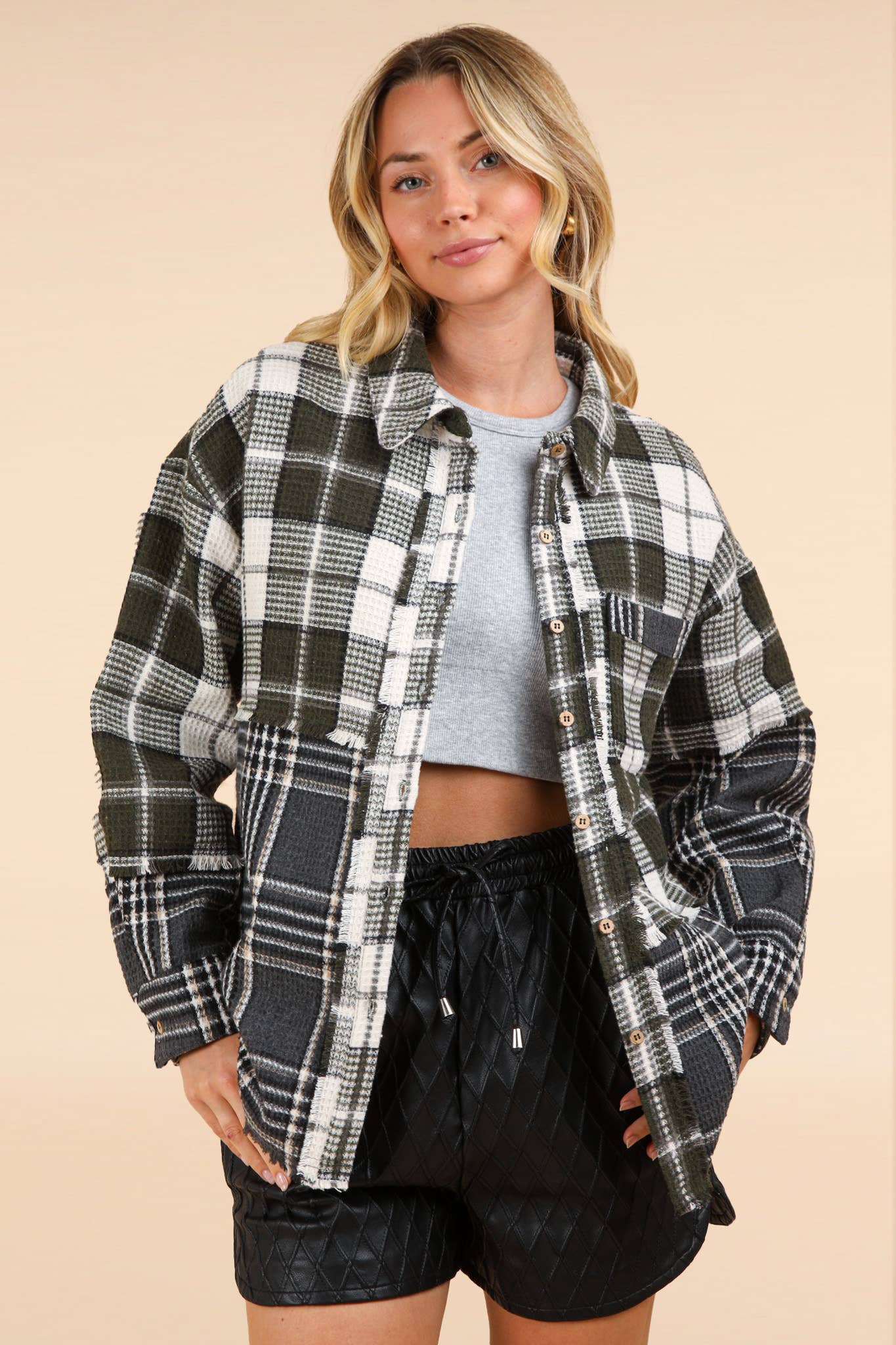 NJ90261-Mixed Plaid Oversized Casual Shacket Jacket: MOCHA / S-M-L/2-2-2