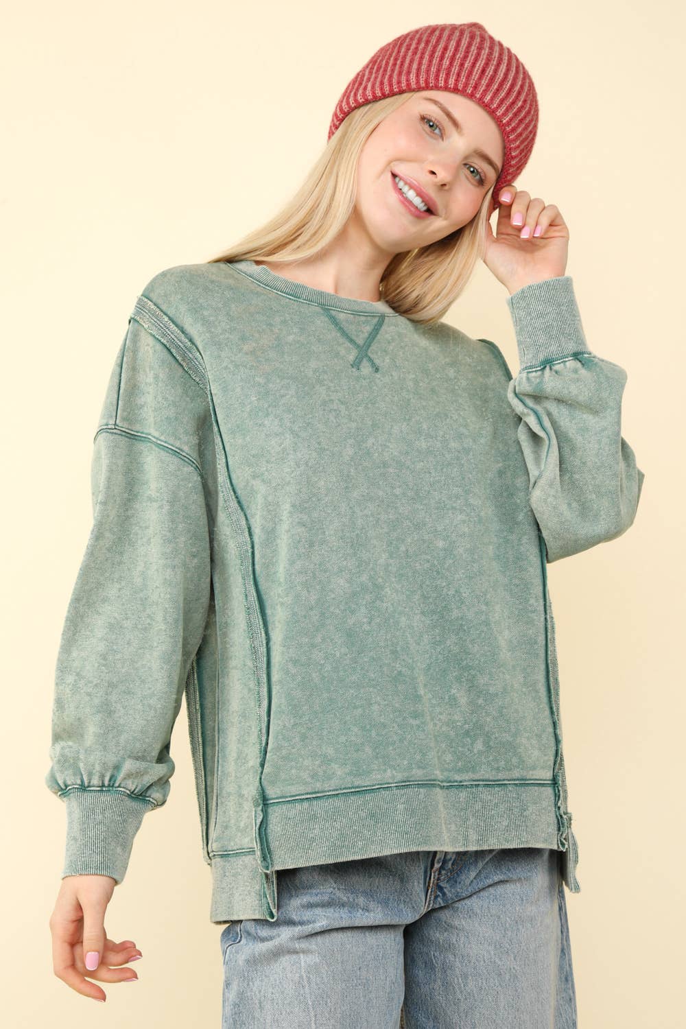 NT11399-Mineral Washed French Terry Oversized Knit Top: Black / S-M-L/2-2-2