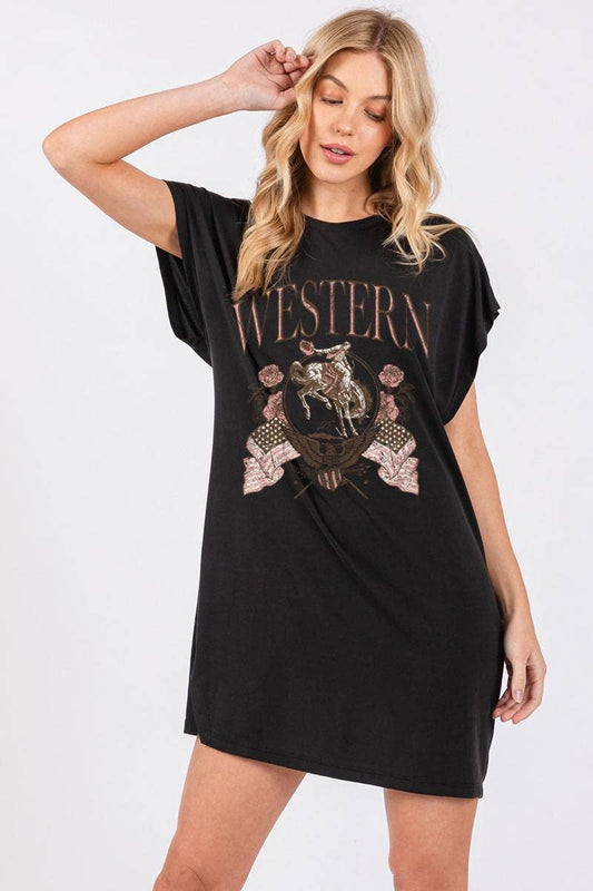 Western Cowboy Vintage Graphic Tunic: BLACK / L
