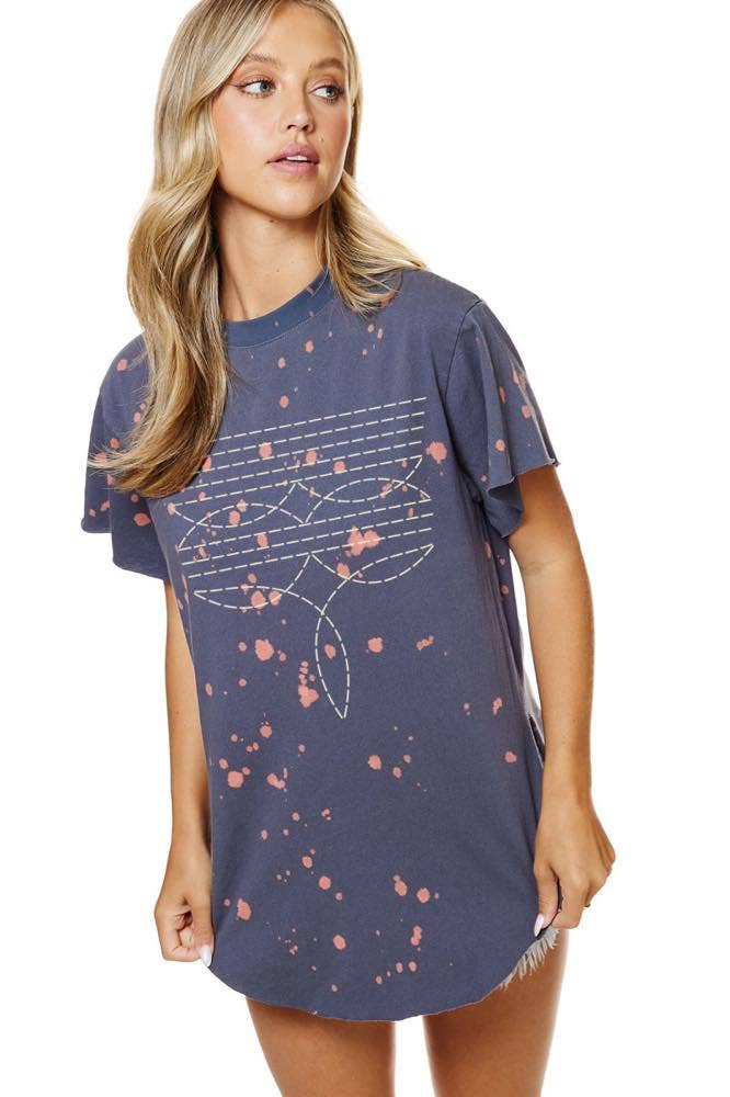 Western Cowboy Boots Toe Stitch Graphic Bleached Top: COPPER / S
